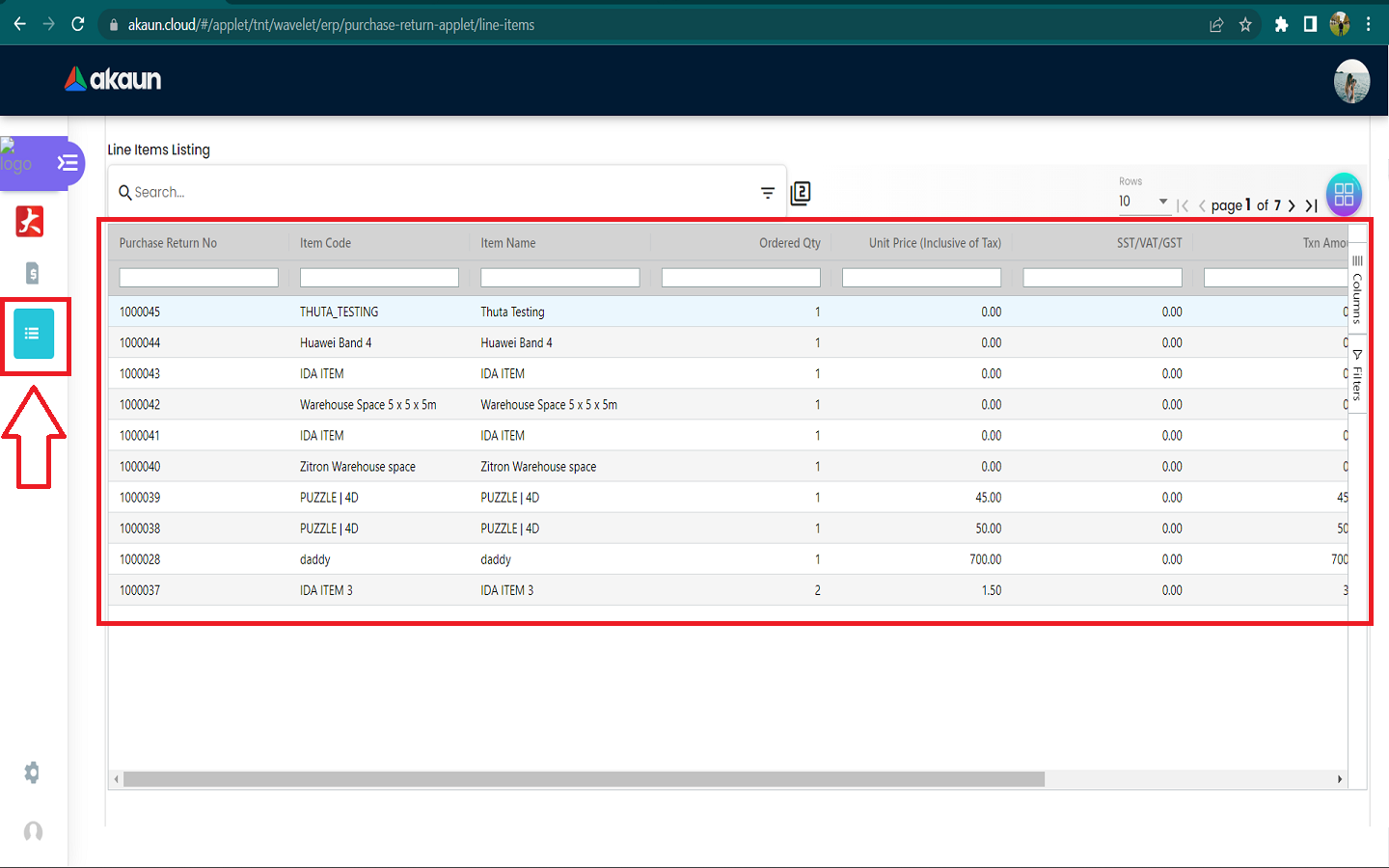 Line Items Listing