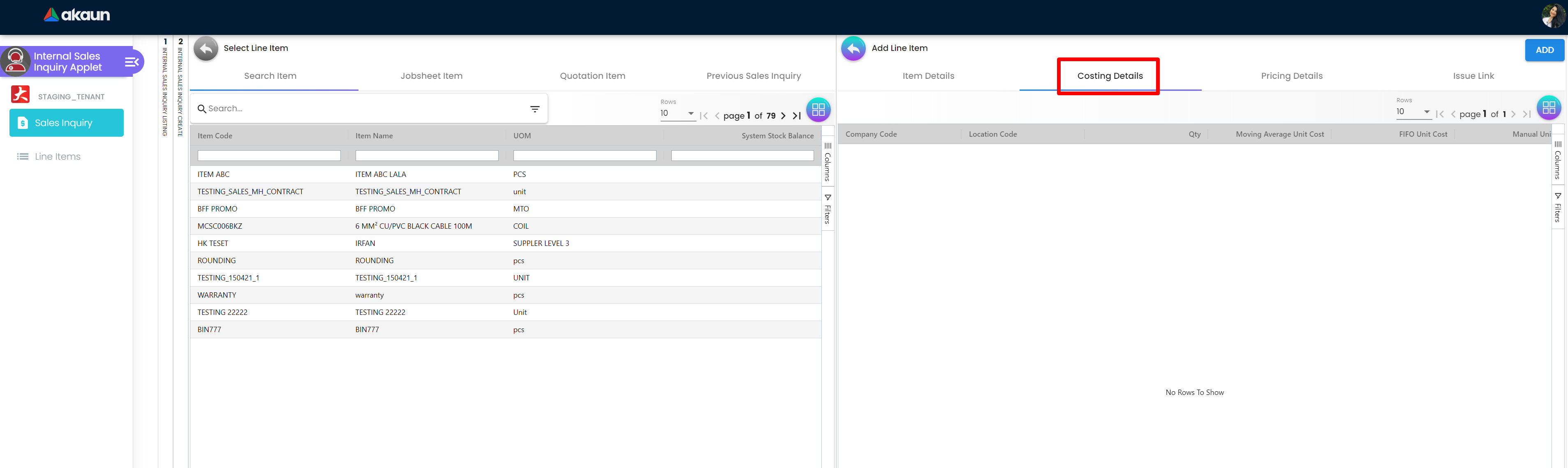 InternalSalesInquiryApplet-Create-SelectLineItem-SearchItem-SelectLineItem-CostingDetails
