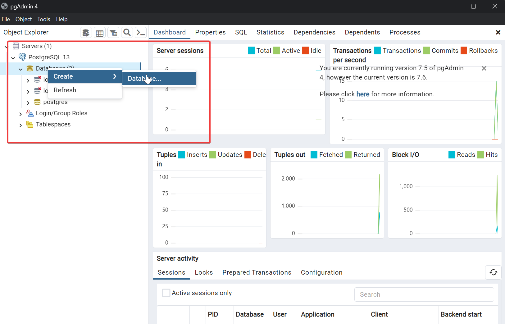 Creating local database through pgAdmin