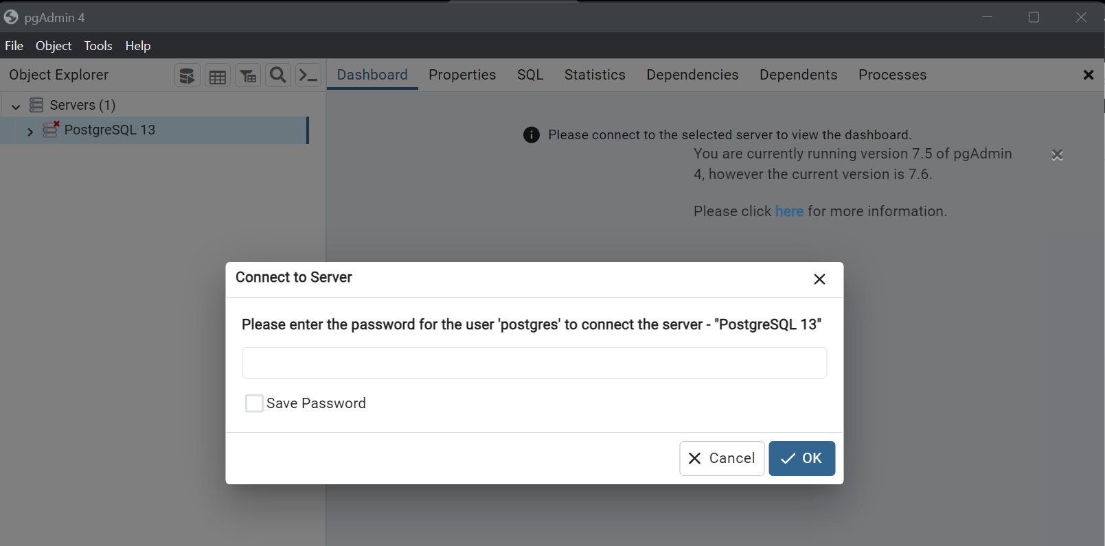 Pgadmin password prompt