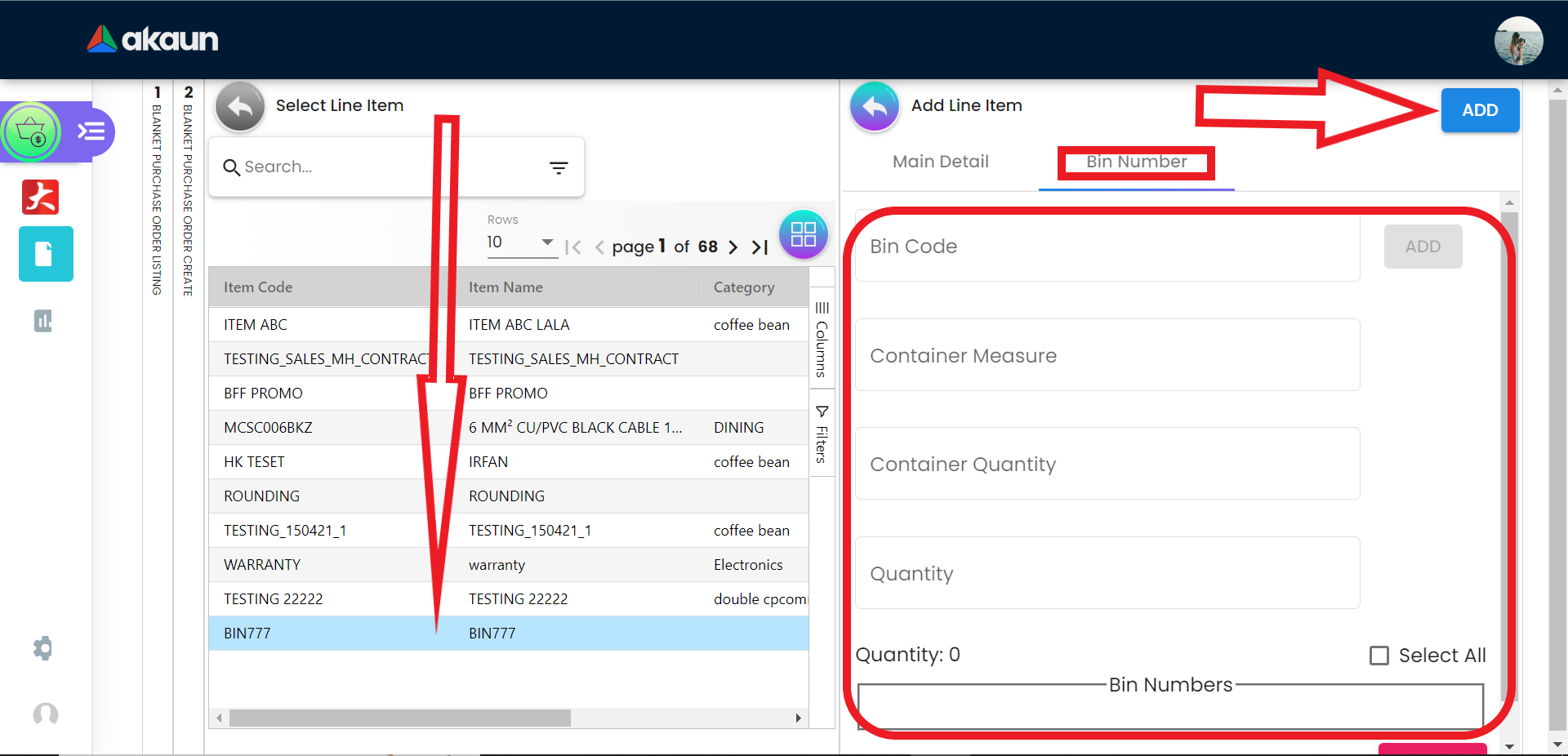 Add Line Item Bin Number