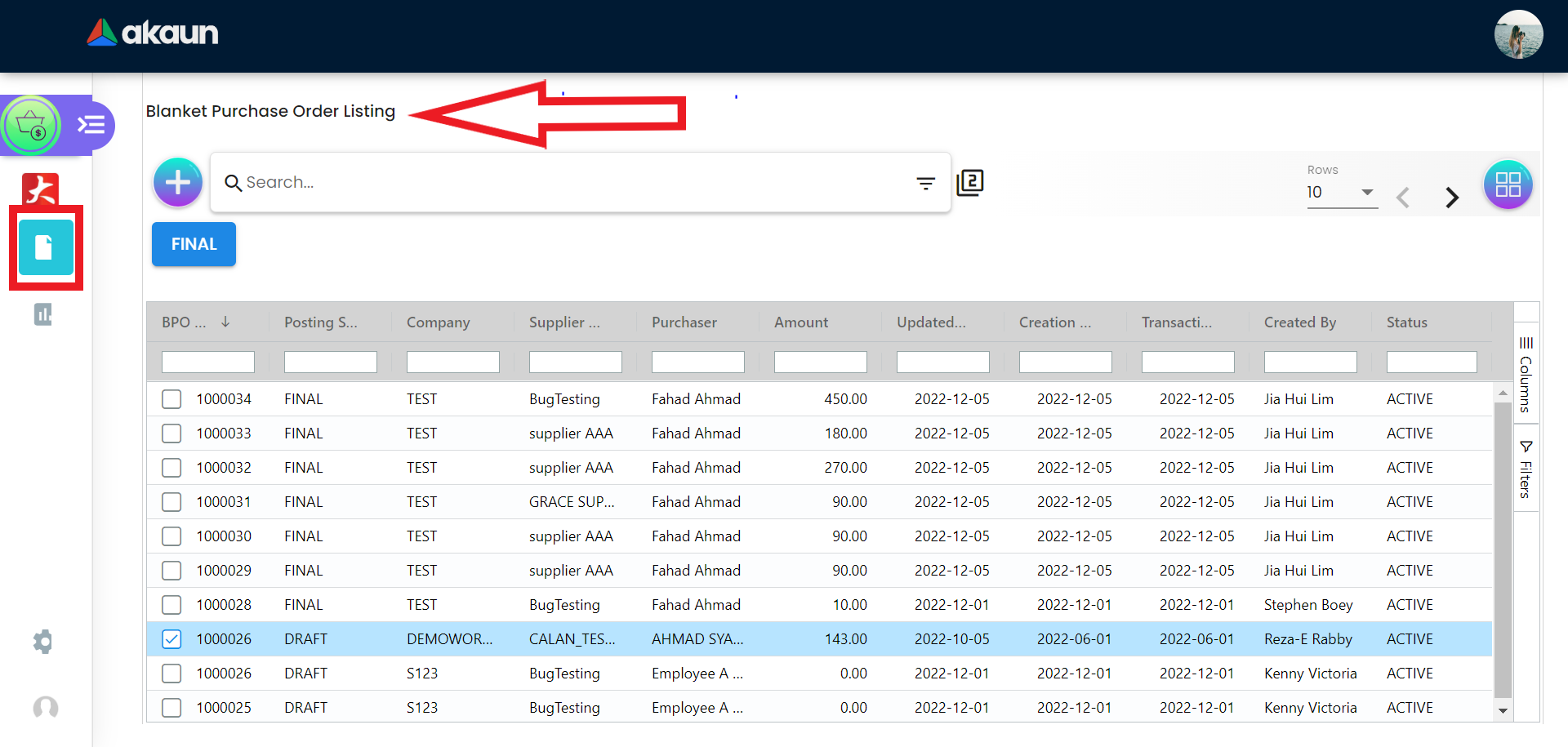Blanket Purchase Order Listing