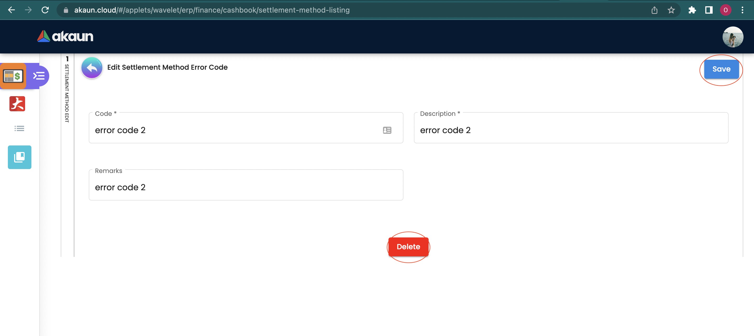 Edit Settlement Method Error Code
