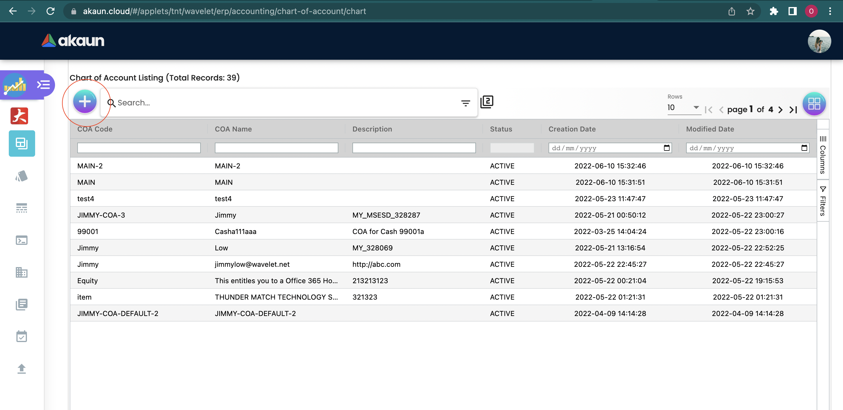 Chart of Account Mainpage