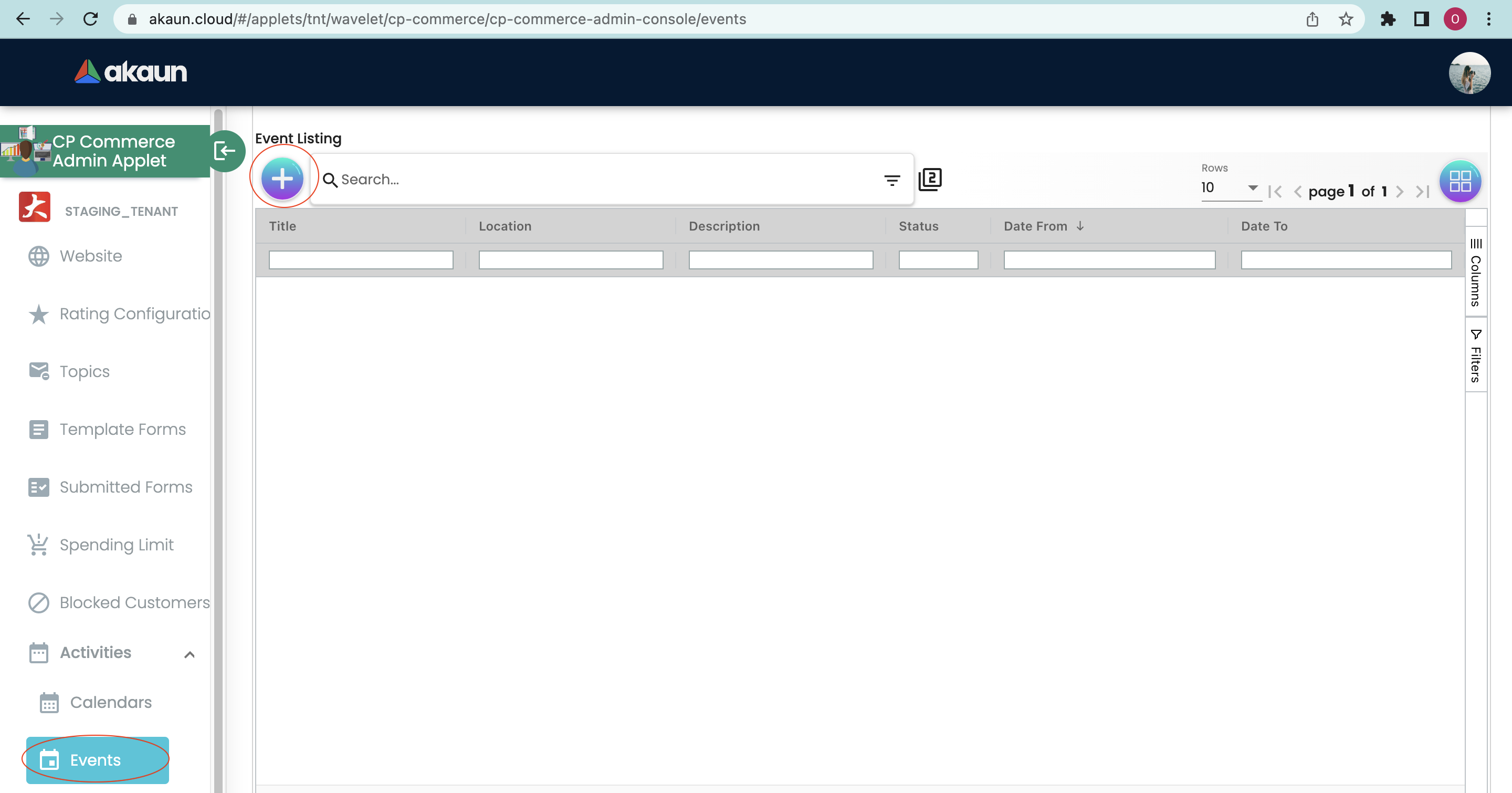 Events Listing Main Page