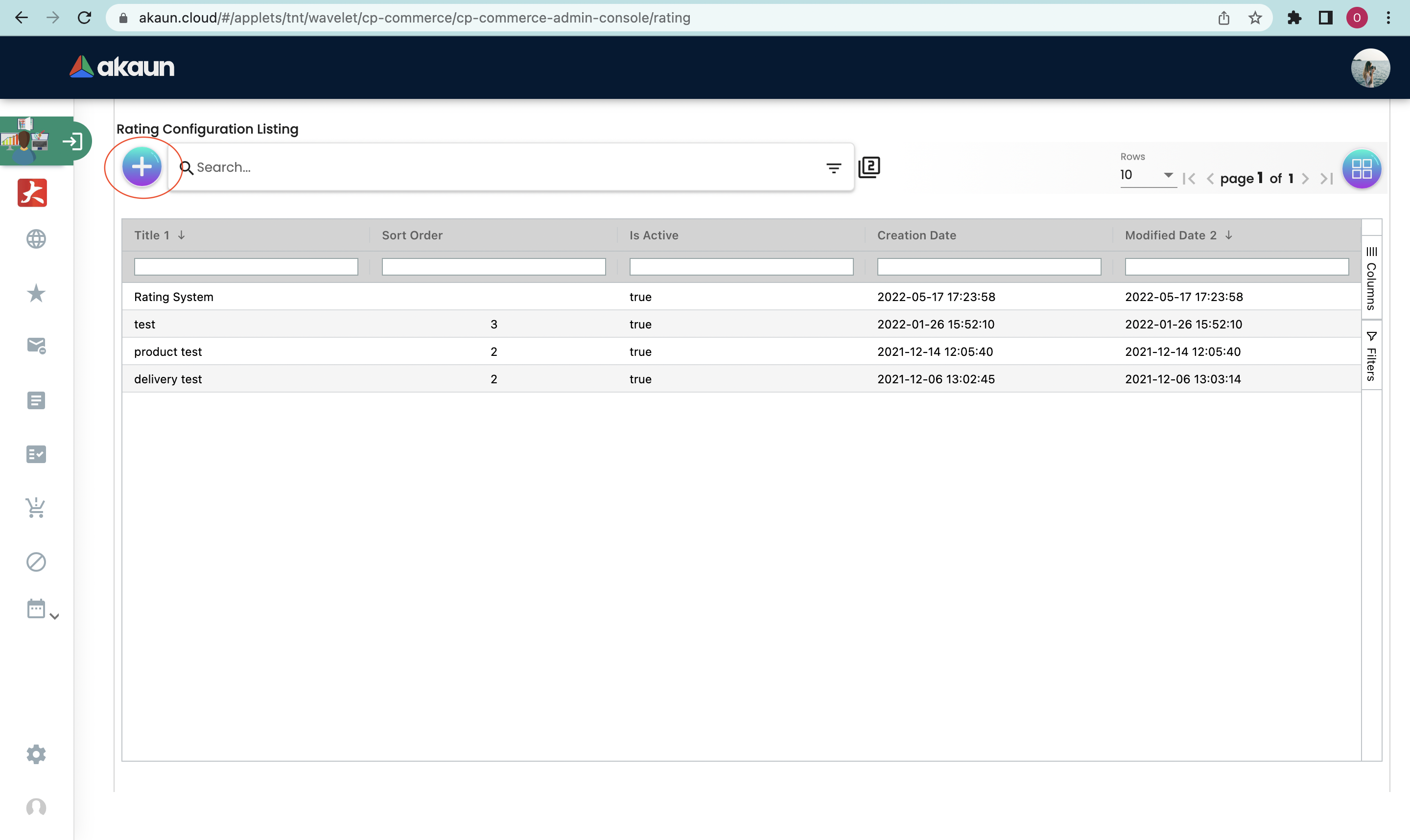 Rating Configuration Listing Main Page