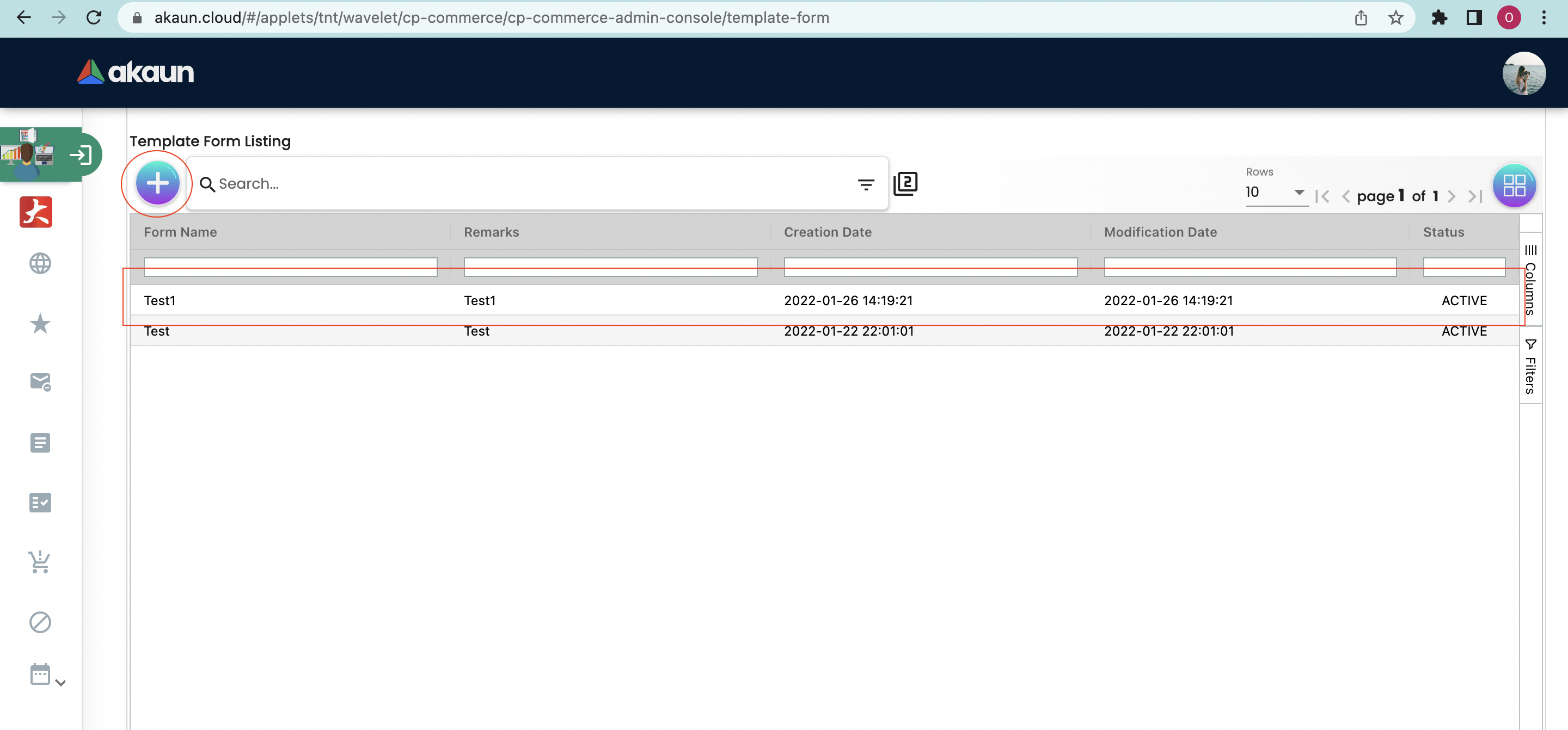 Template Form Main Page