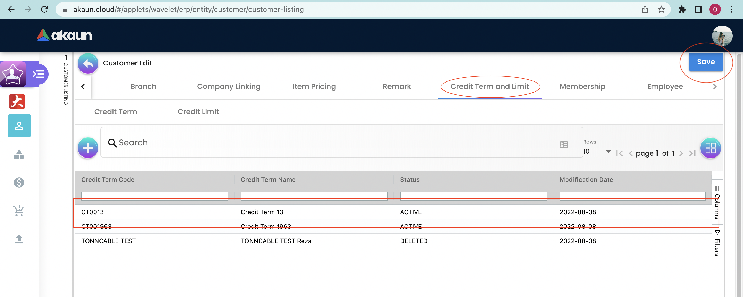 Credit Term and Limit Main Page