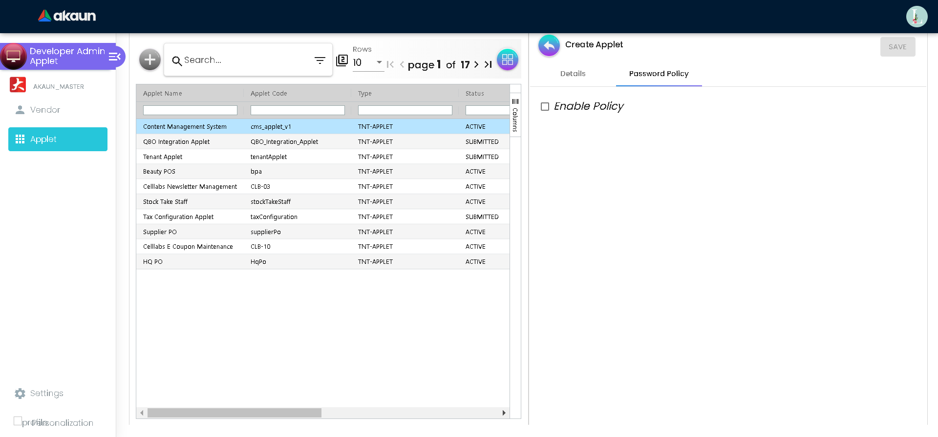 Create Applet Password Policy
