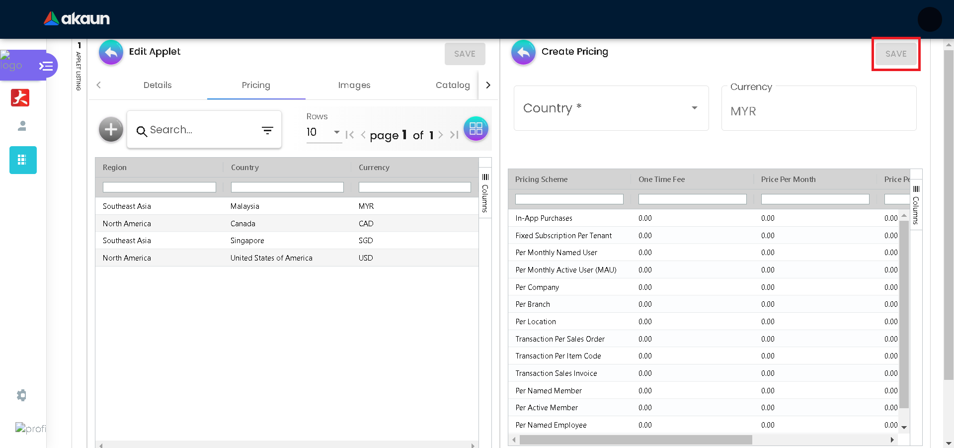 Edit Applet Pricing Create