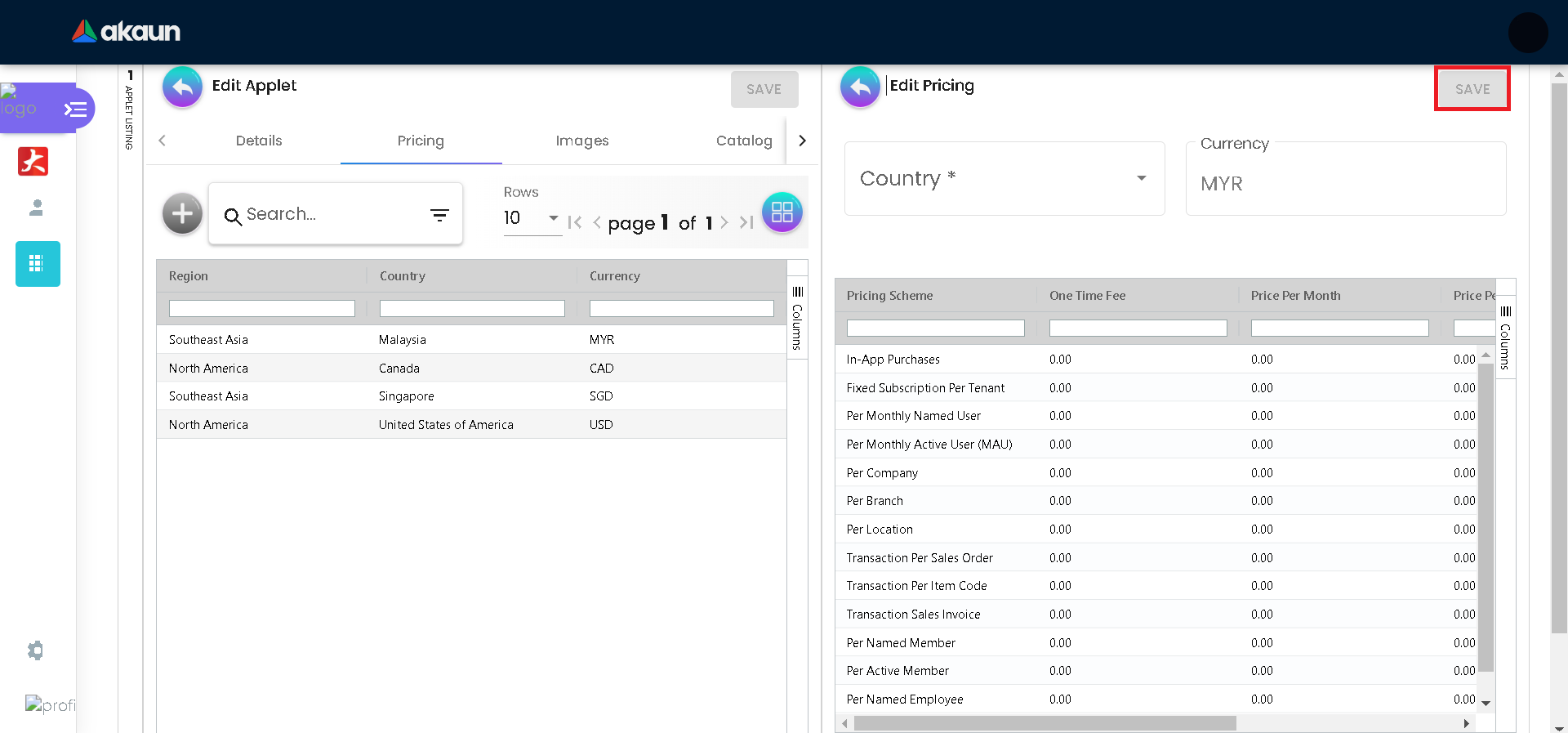 Edit Applet Pricing Edit