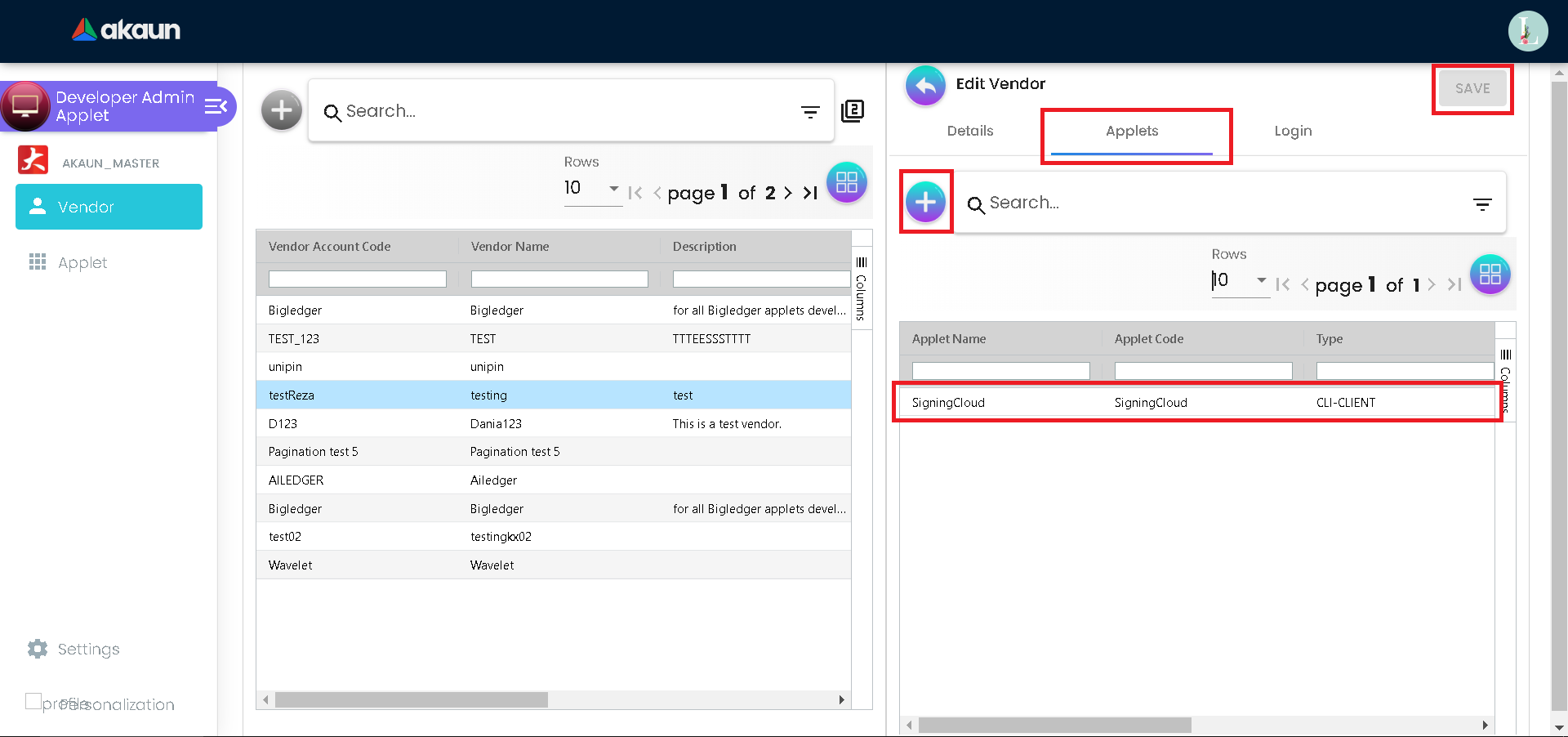 Edit Vendor Applets