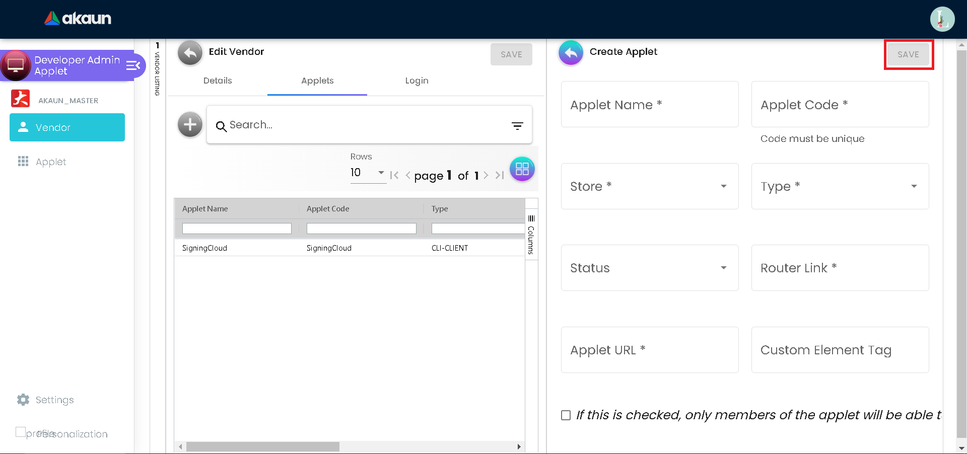 Edit Vendor Applets Create