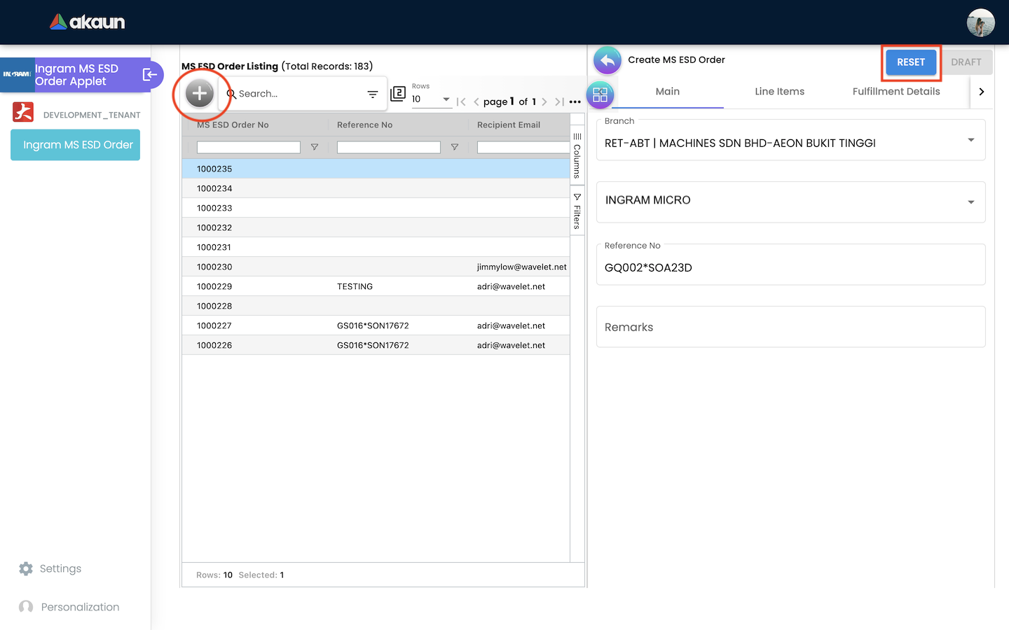 Create MSESD Order Main Tab