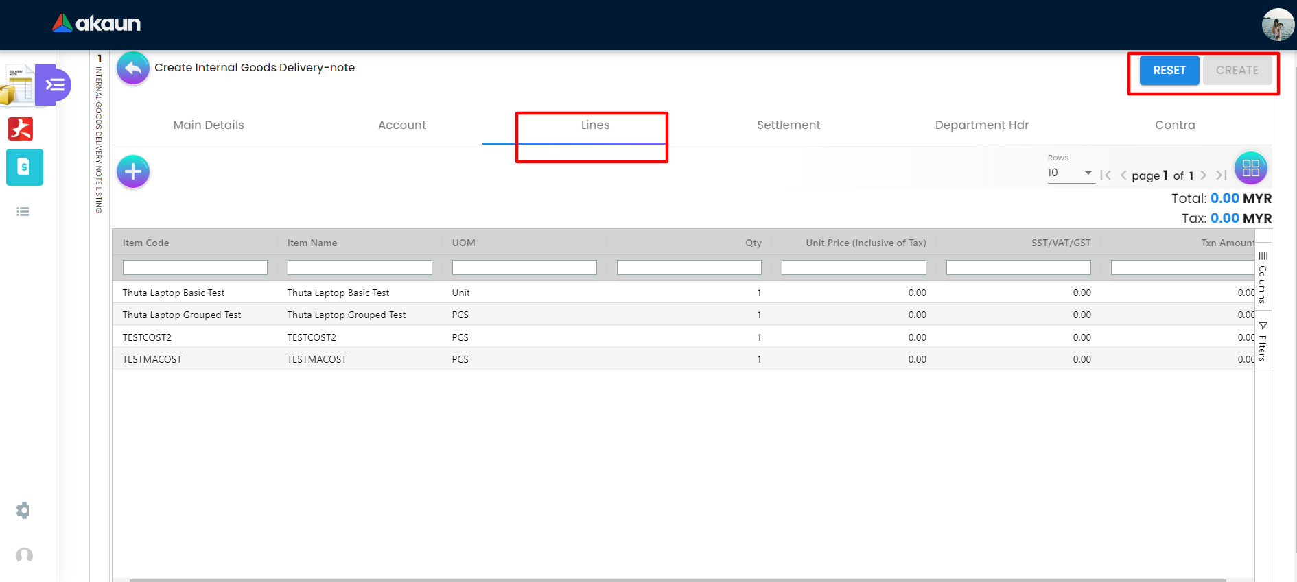 Lines Tab