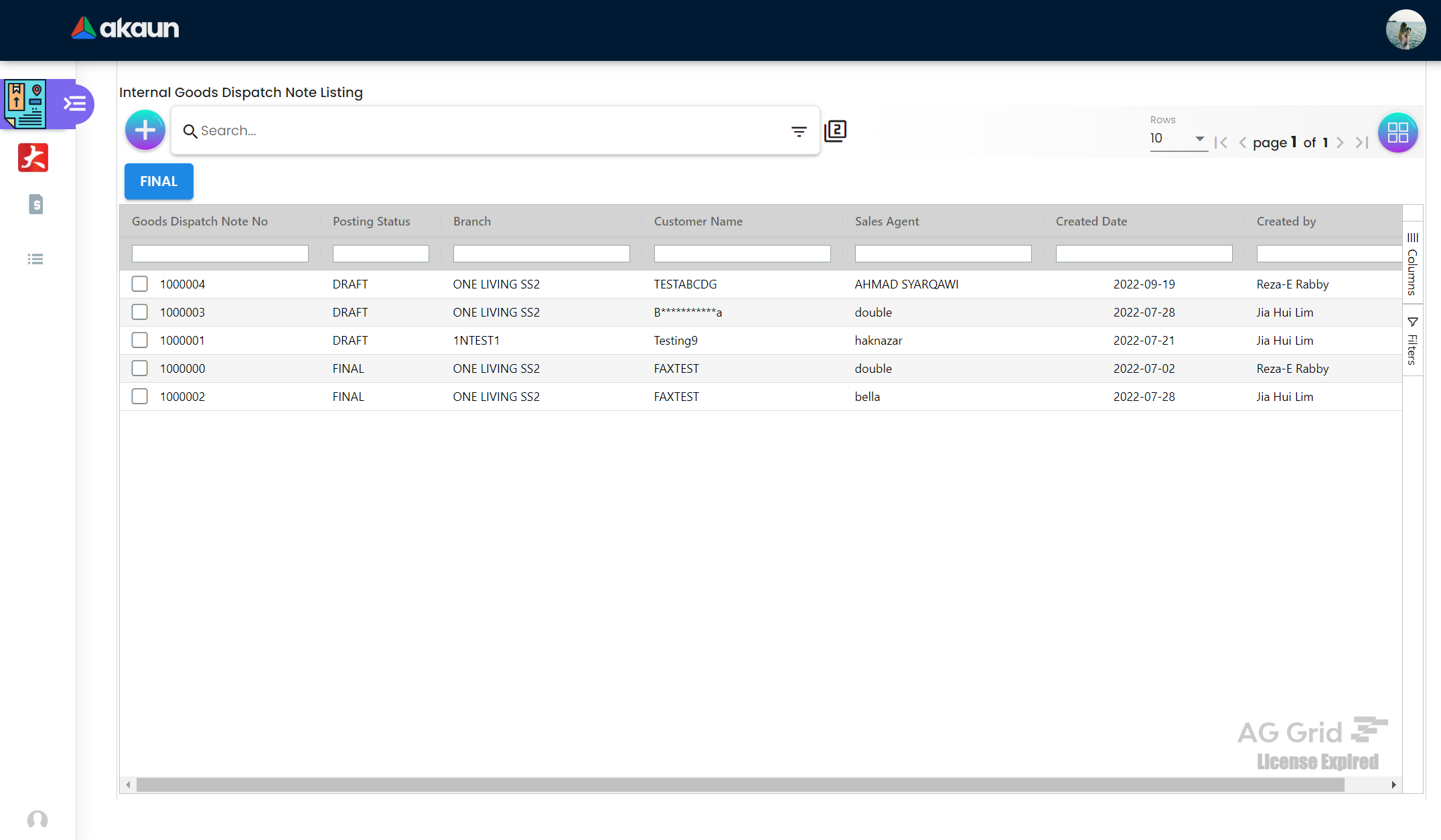 Internal Goods Dispatch Note Listing