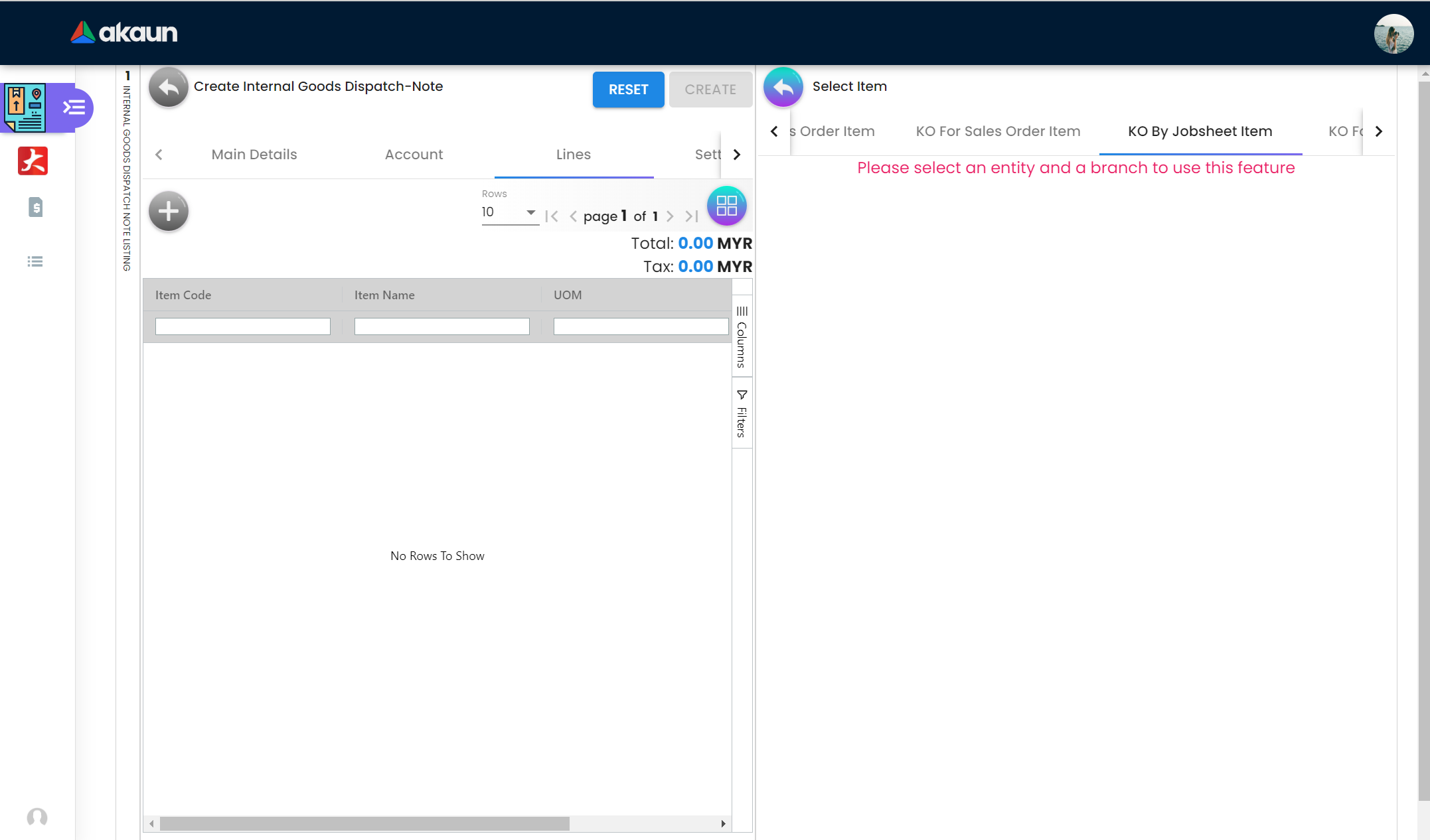 Create KO By Jobsheet Item