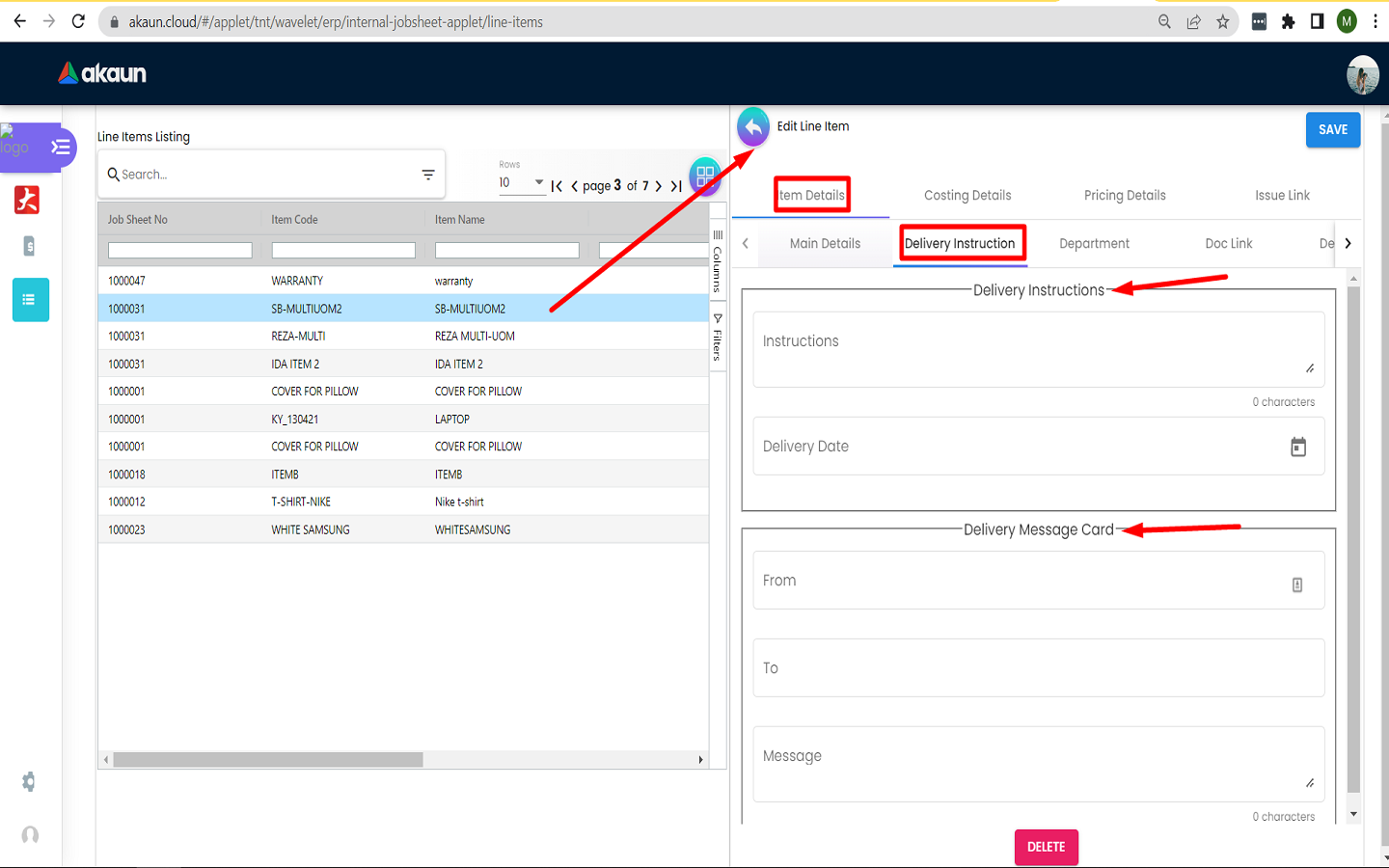 Jobsheet line item delivery instructions