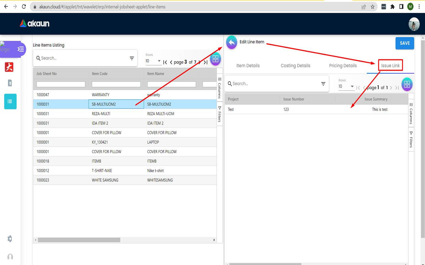 Issues linked to jobsheet items