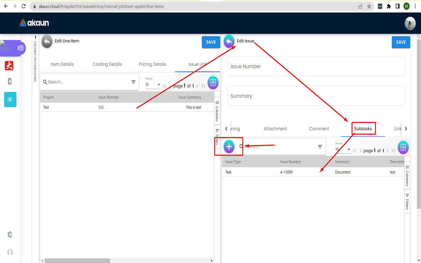 Subtasks associated with issues