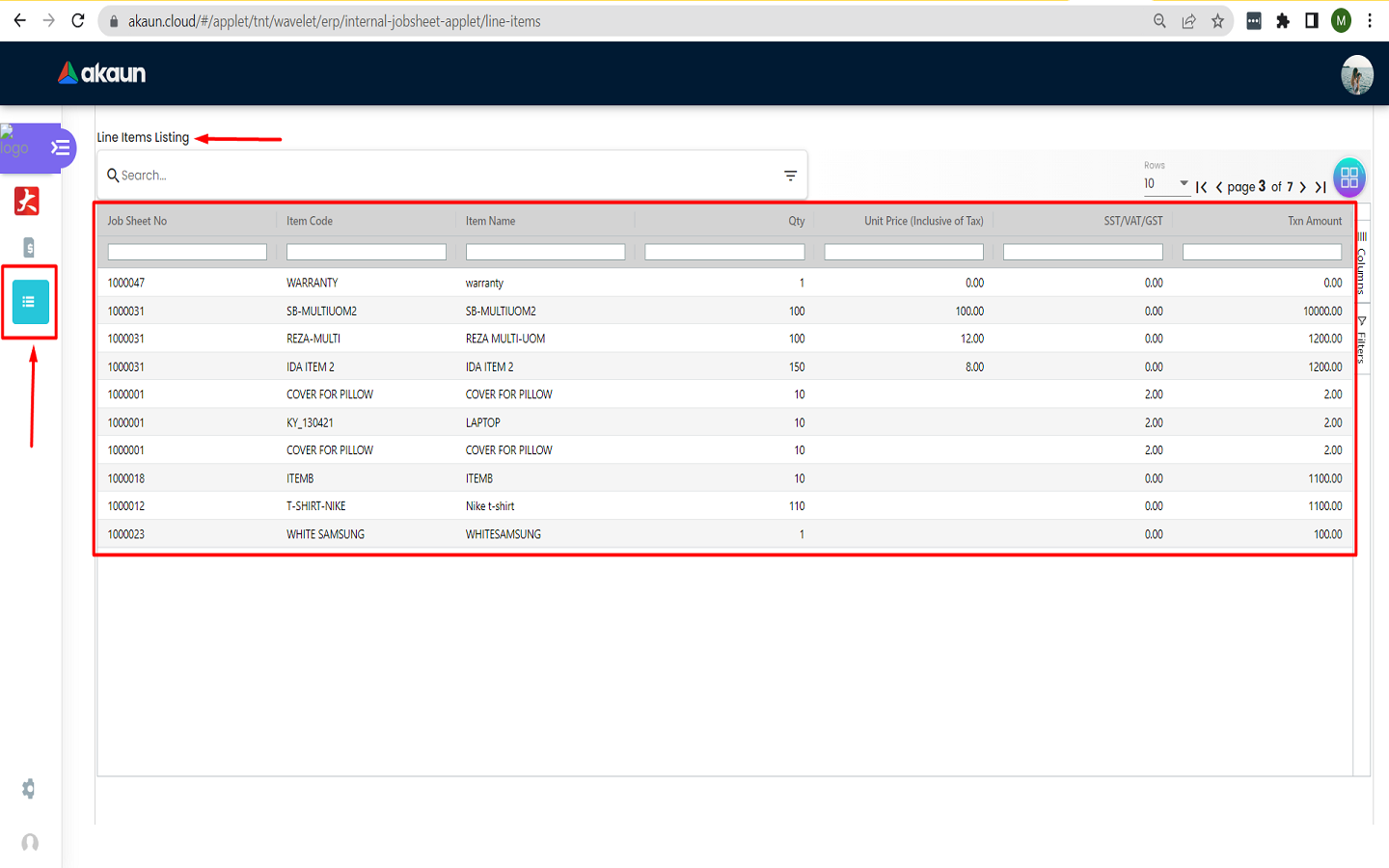 Jobsheet Line Items