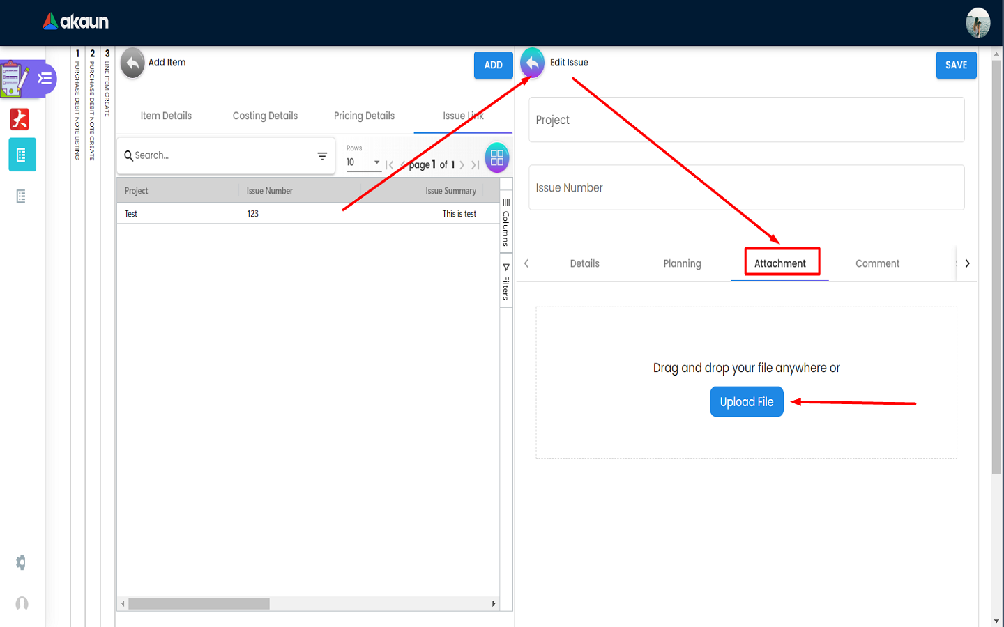 Line Item Issue Link Attachment