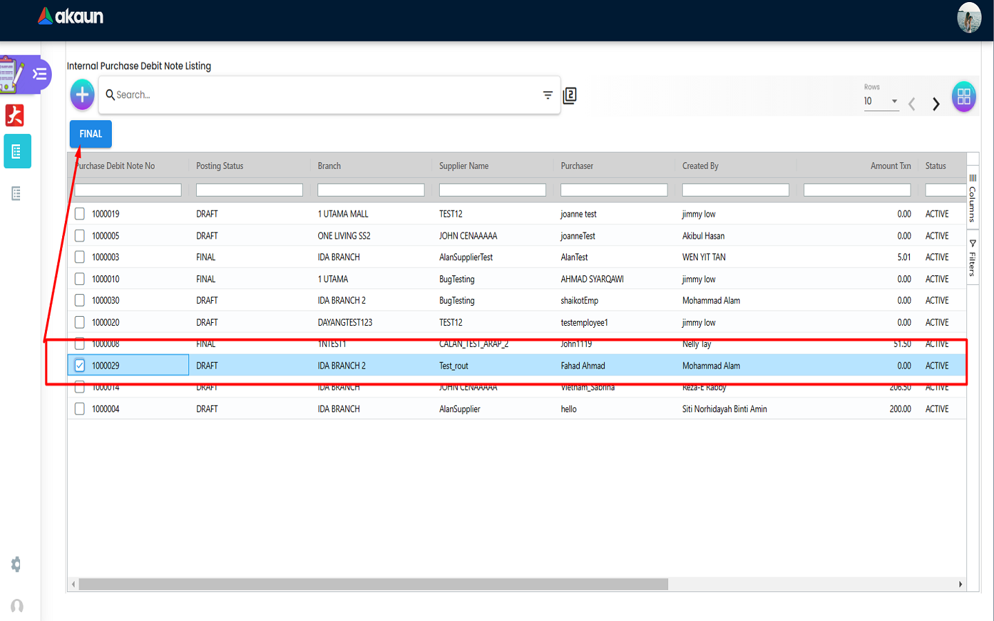 Finalize Purchase Debit Note Final