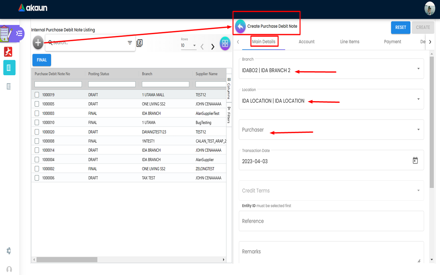 Creating Purchase Debit Note