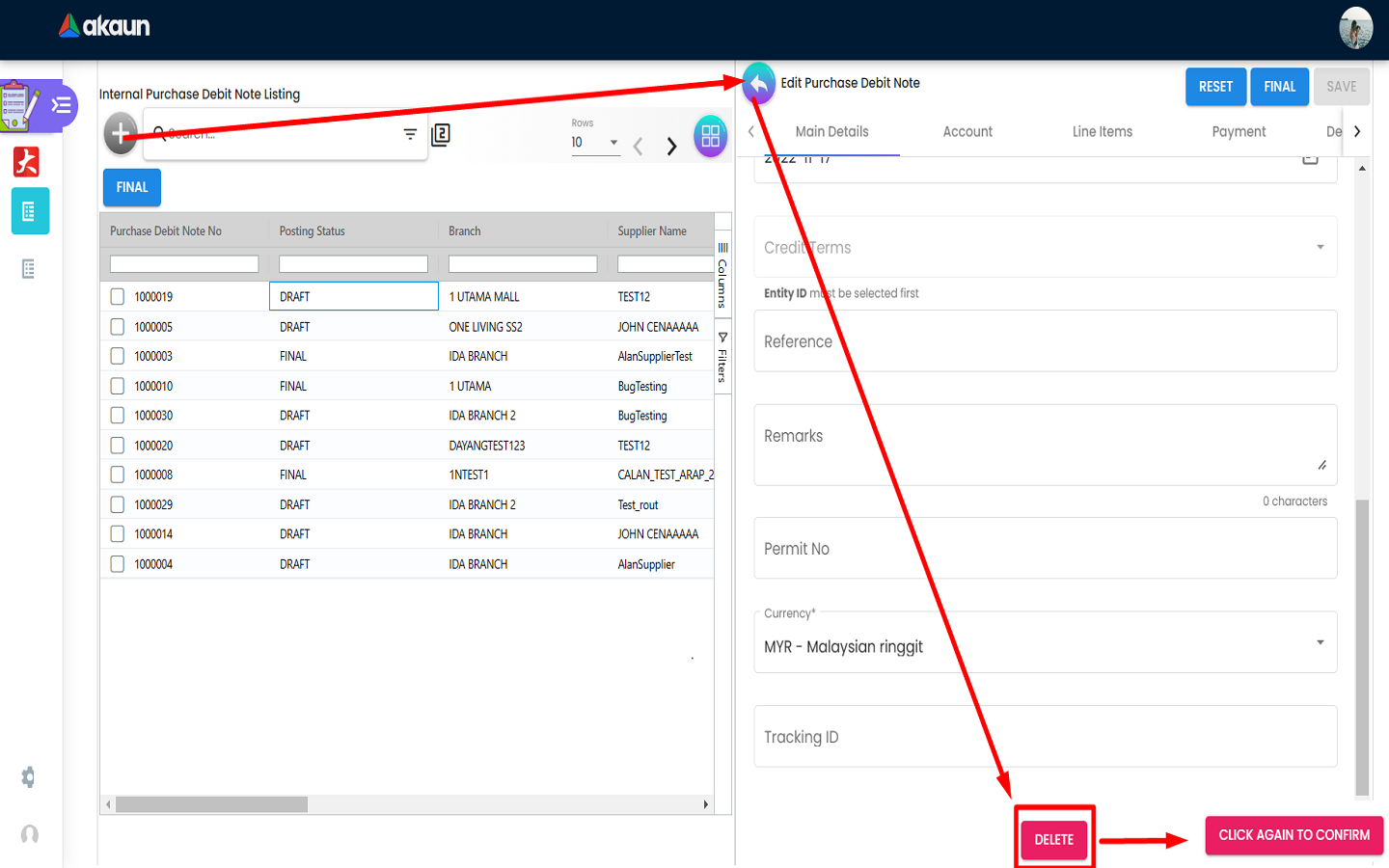 Delete Internal Purchase Debit Note