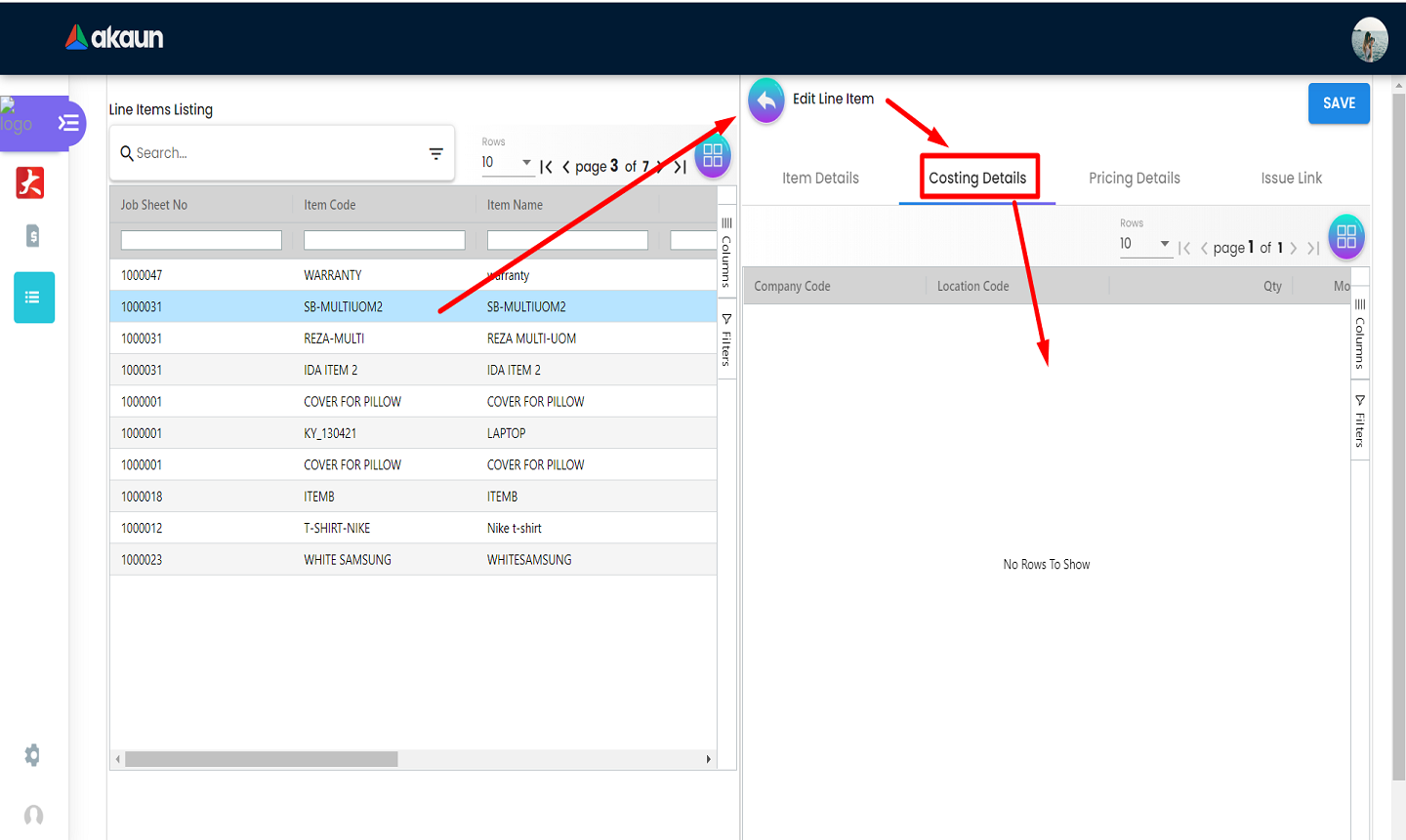 Line Item Costing Details