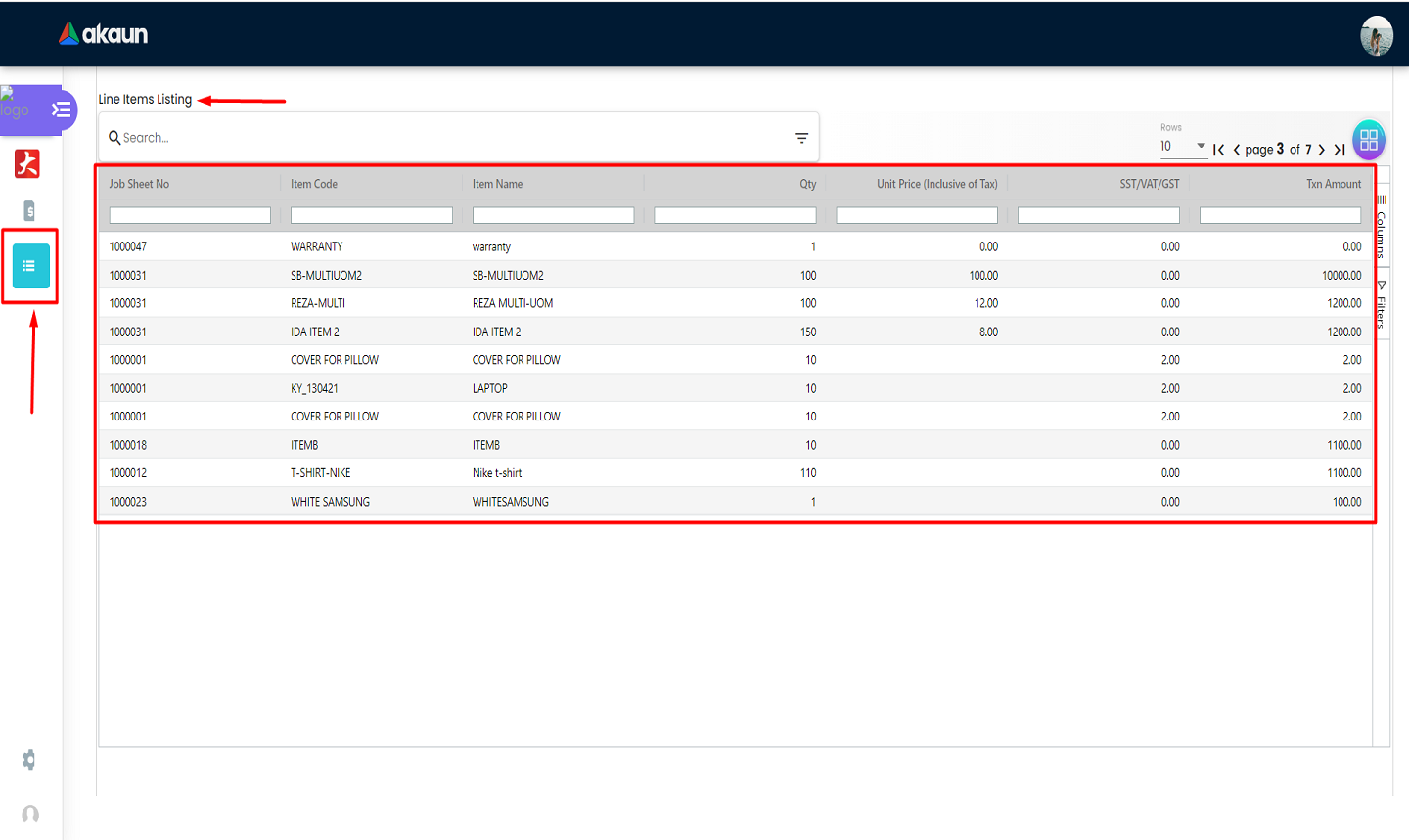 Line Item Listing