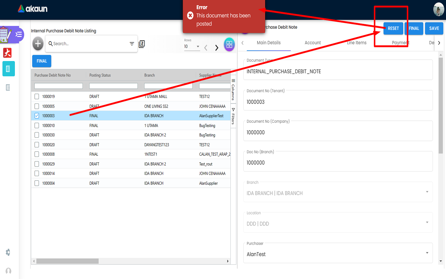 Reset Finalized Purchase Debit Note