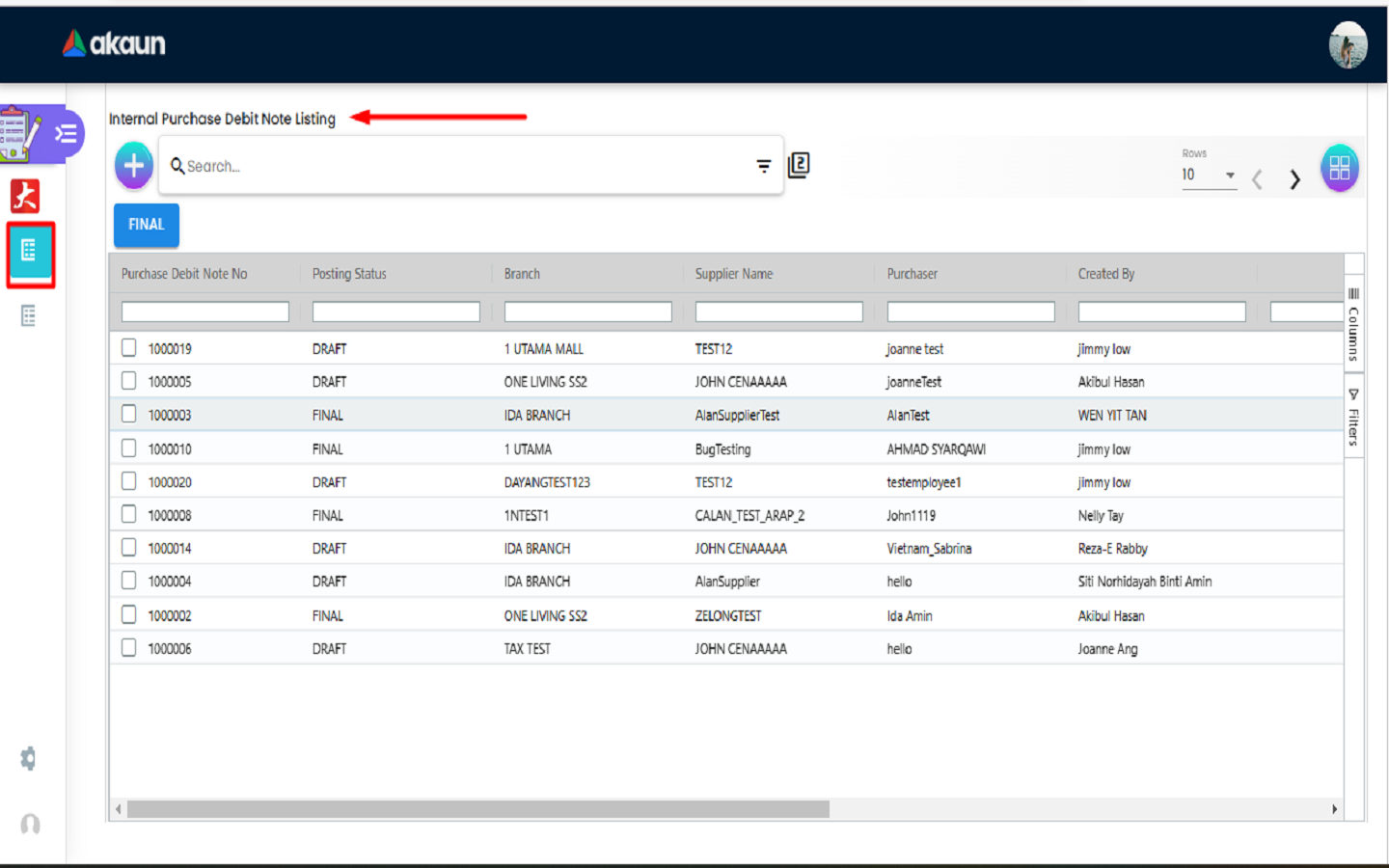 Internal Purchase Debit Note Listing