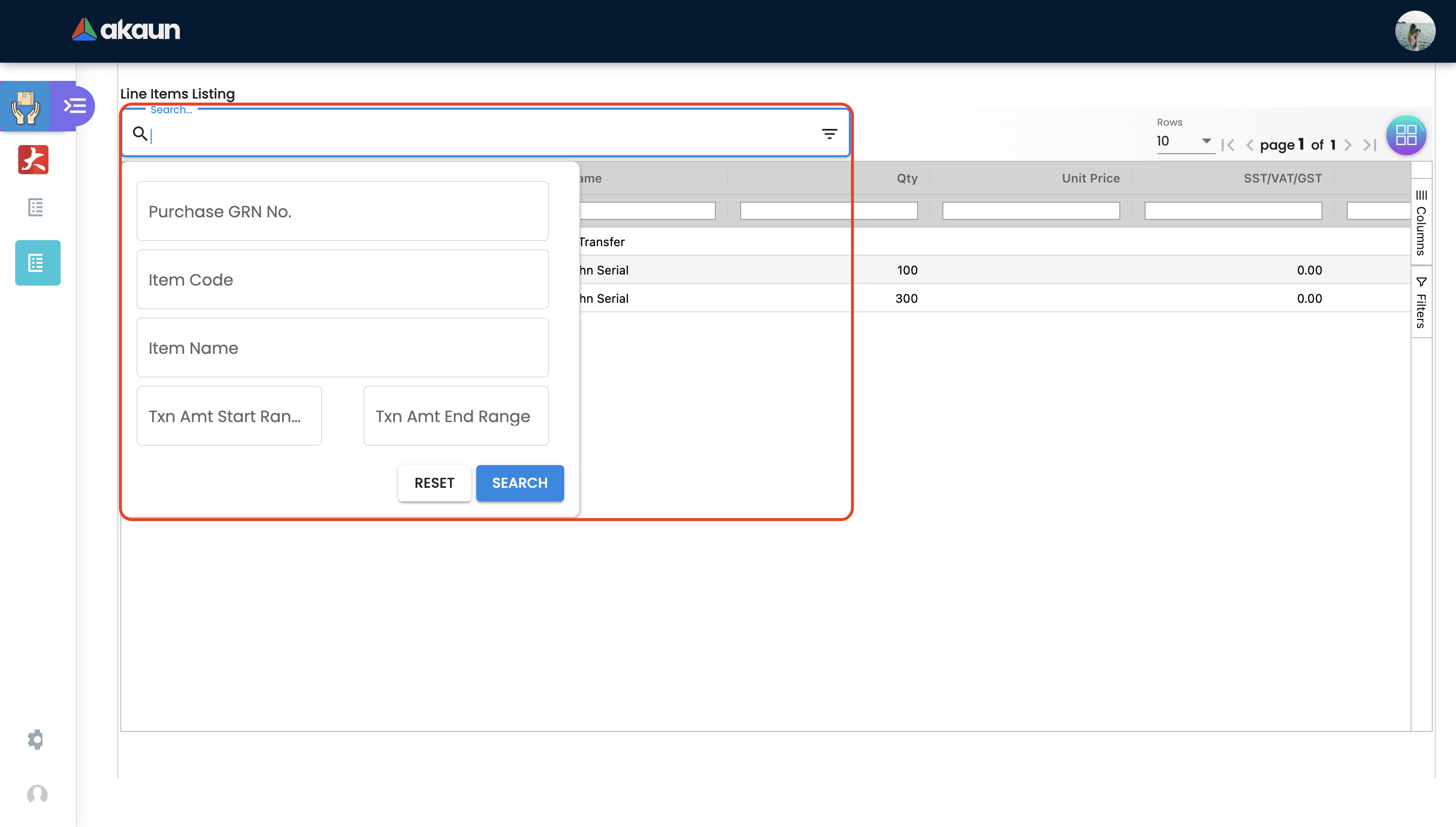 Line Item Listing: Advanced Search