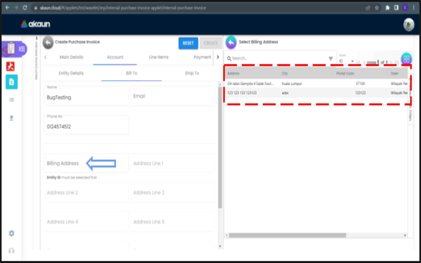 CreatePurchaseInvoice Account BillTo SelectBillingAddress
