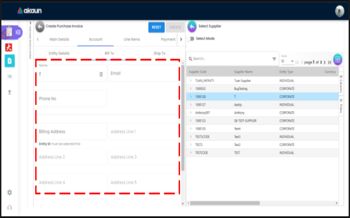 CreatePurchaseInvoice Account BillTo SelectSupplier