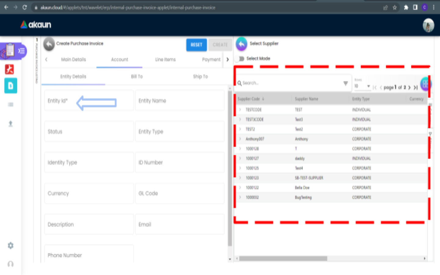 CreatePurchaseInvoice Account EntityDetails SelectSupplier