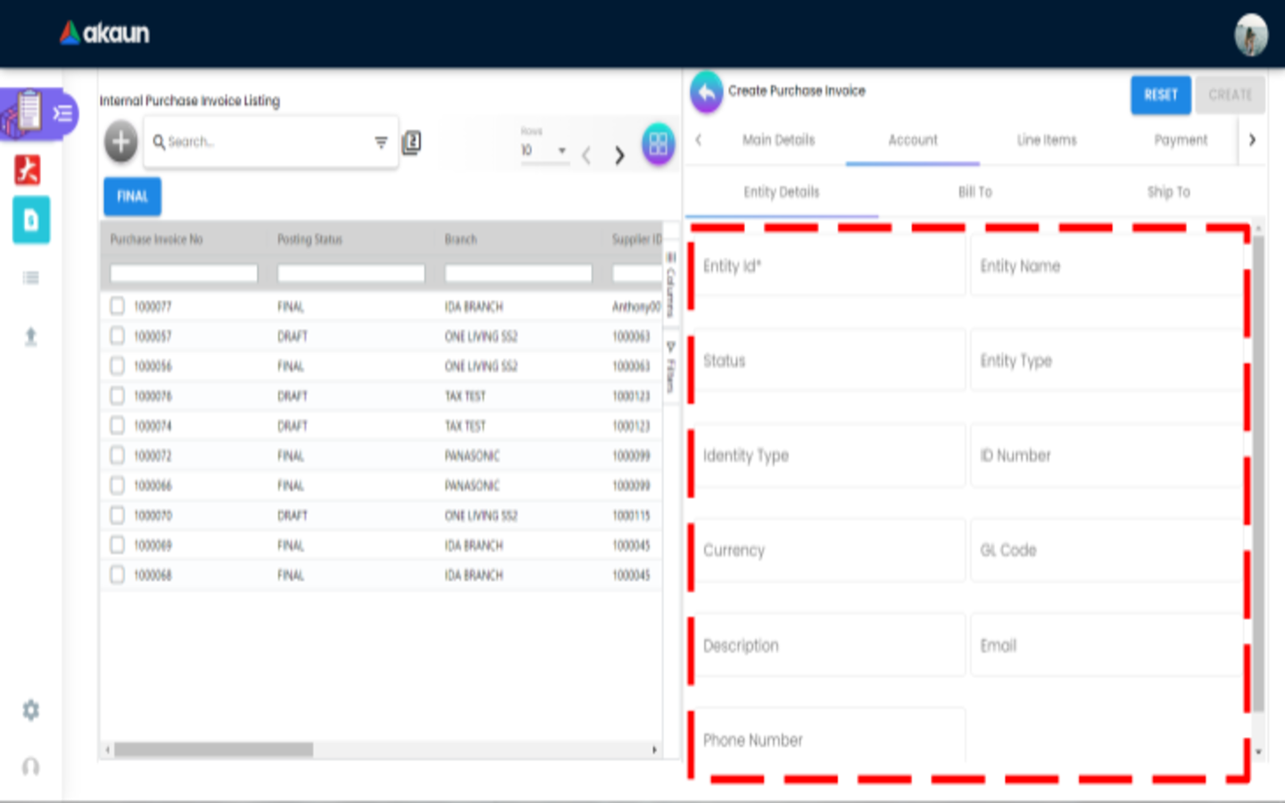 CreatePurchaseInvoice Account EntityDetails