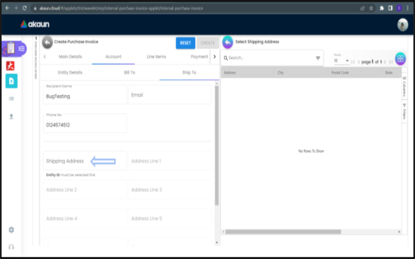 CreatePurchaseInvoice Account ShipTo SelectShippingAddress