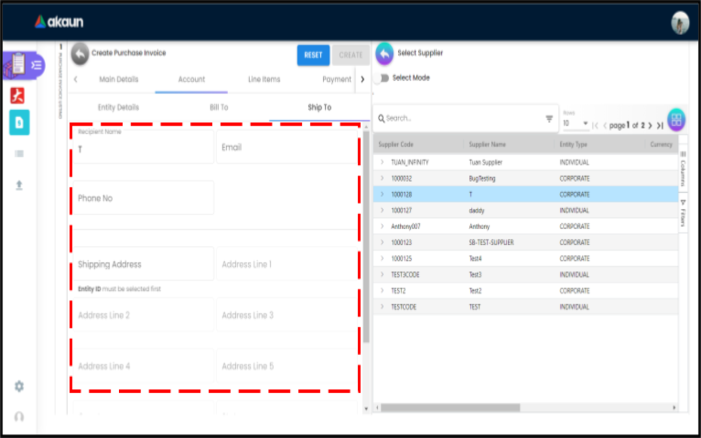 CreatePurchaseInvoice Account ShipTo SelectSupplier