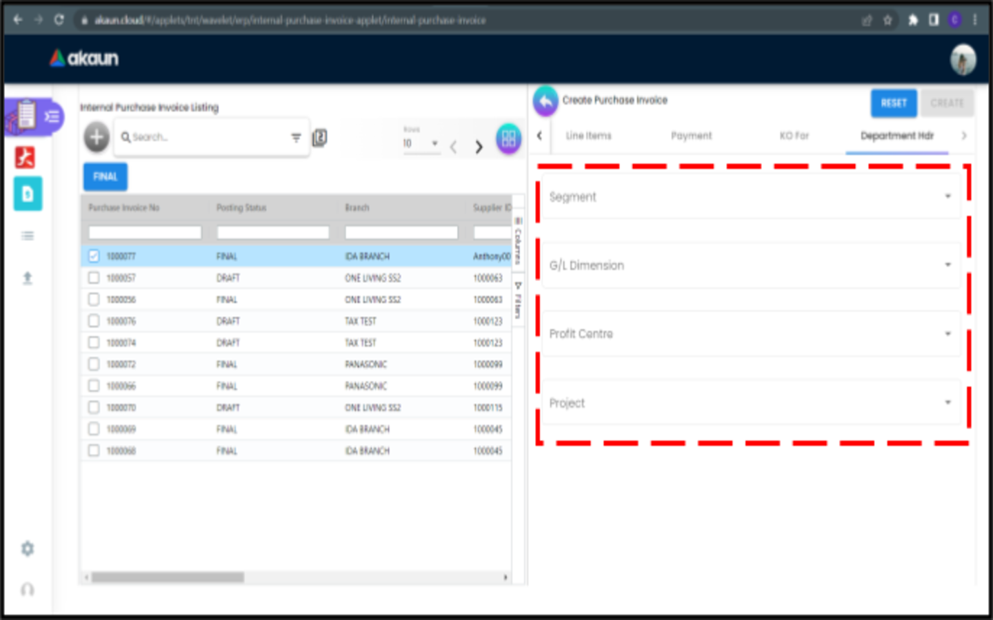 CreatePurchaseInvoice DepartmentHdr