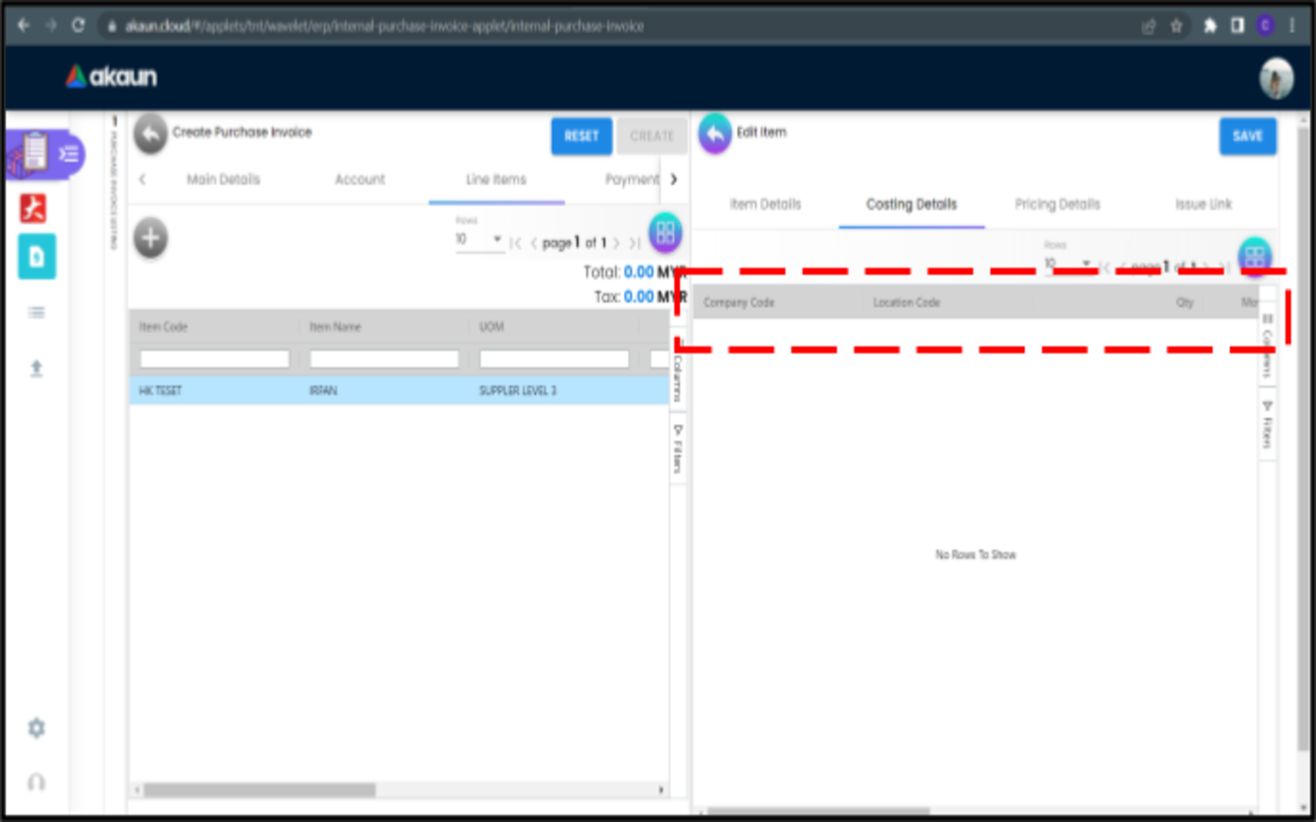 CreatePurchaseInvoice LineItems EditItem CostingDetails