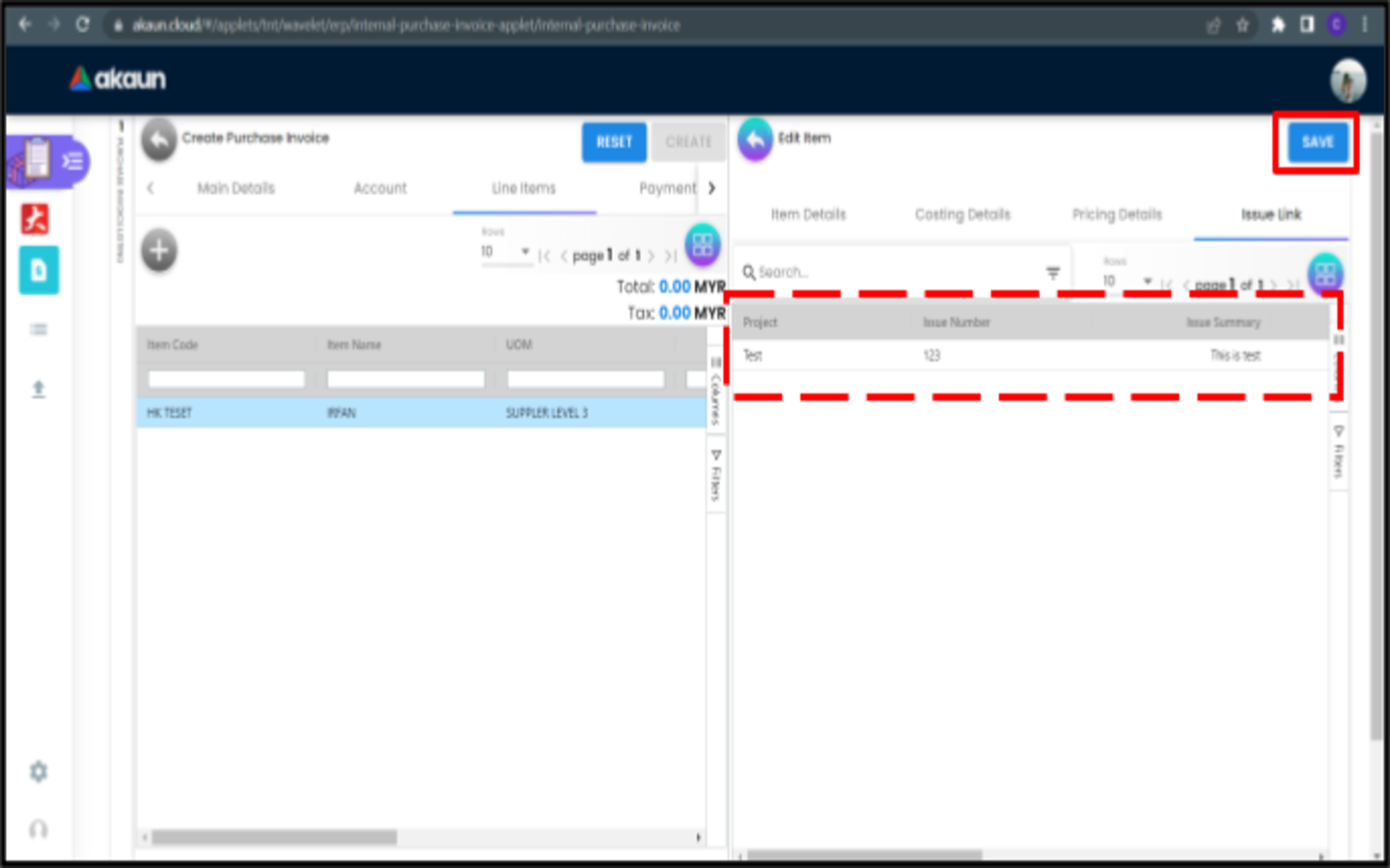CreatePurchaseInvoice LineItems EditItem IssueLink