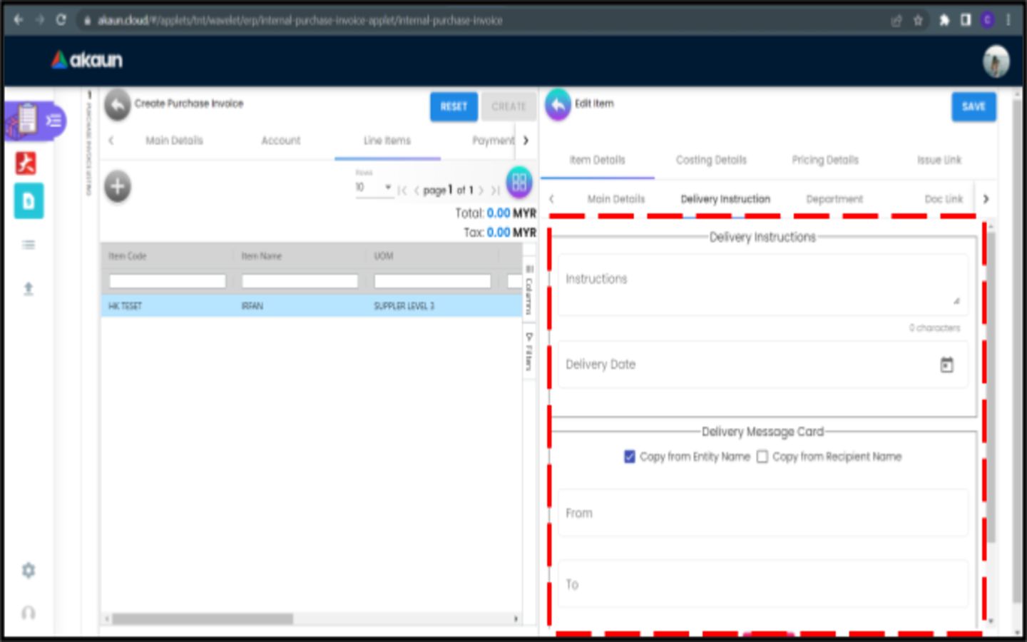 CreatePurchaseInvoice LineItems EditItem ItemDetails DeliveryInstruction