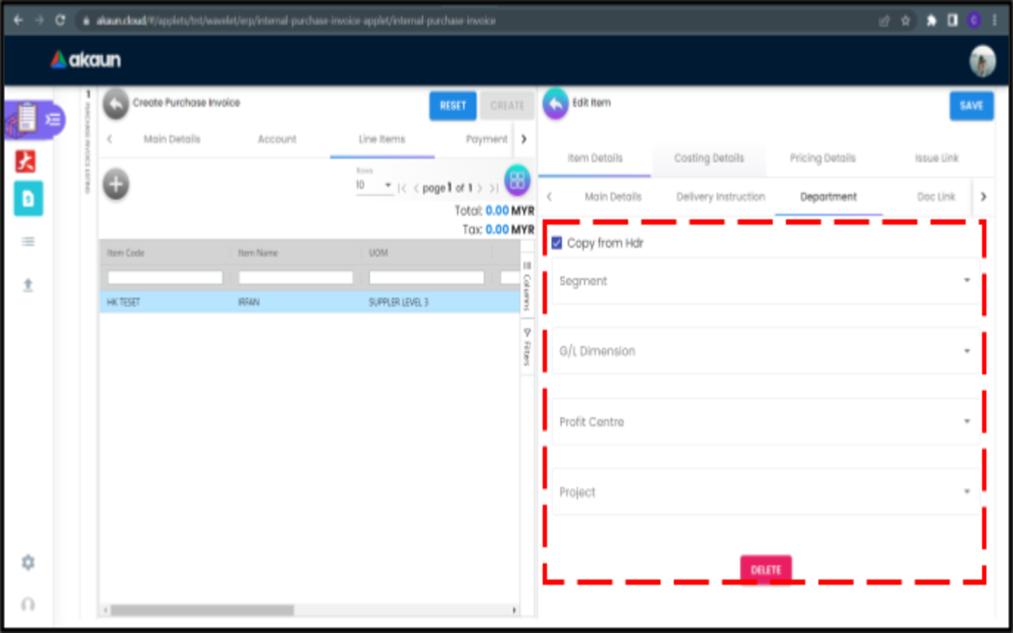 CreatePurchaseInvoice LineItems EditItem ItemDetails Department