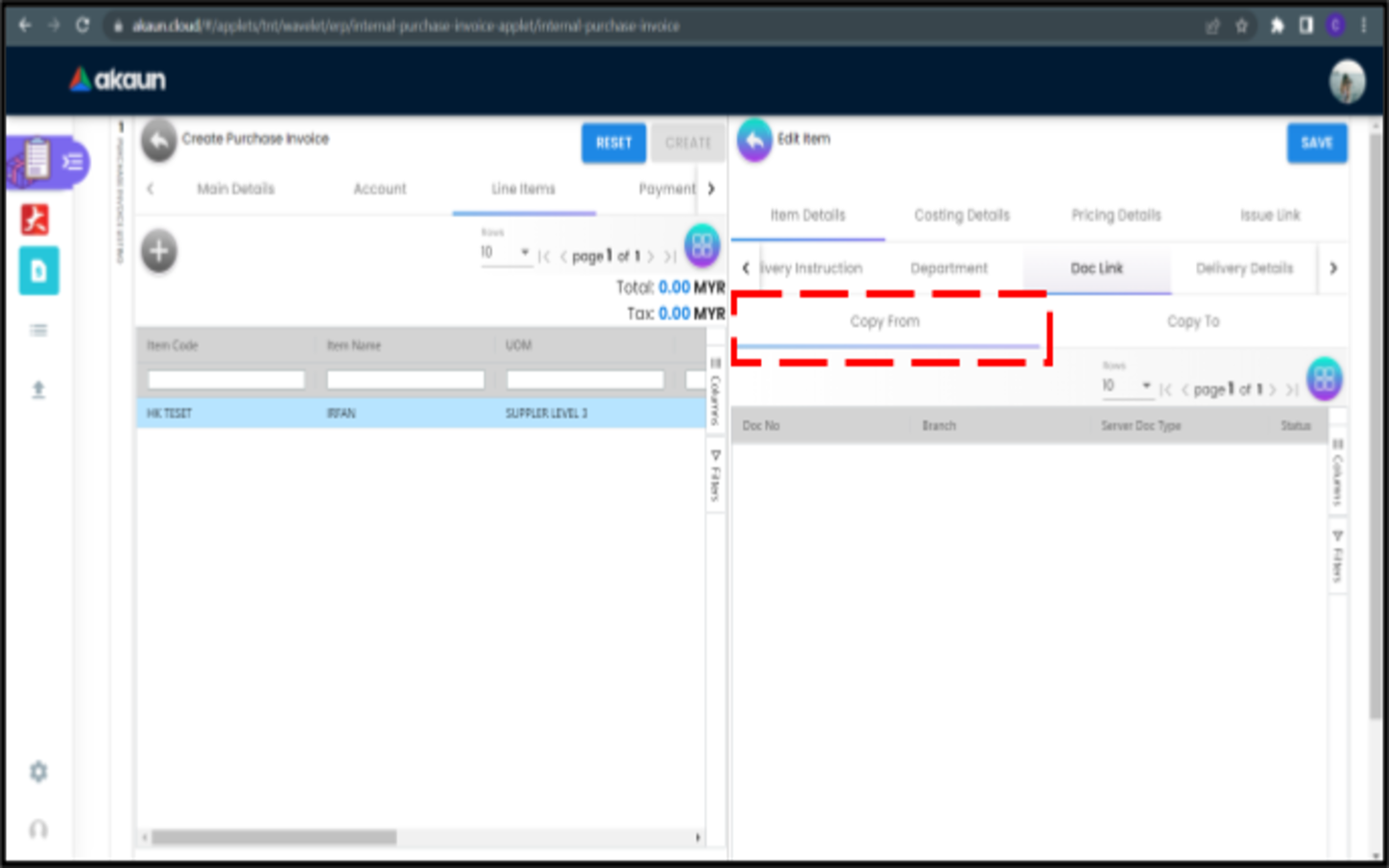 CreatePurchaseInvoice LineItems EditItem ItemDetails DocLink CopyFrom