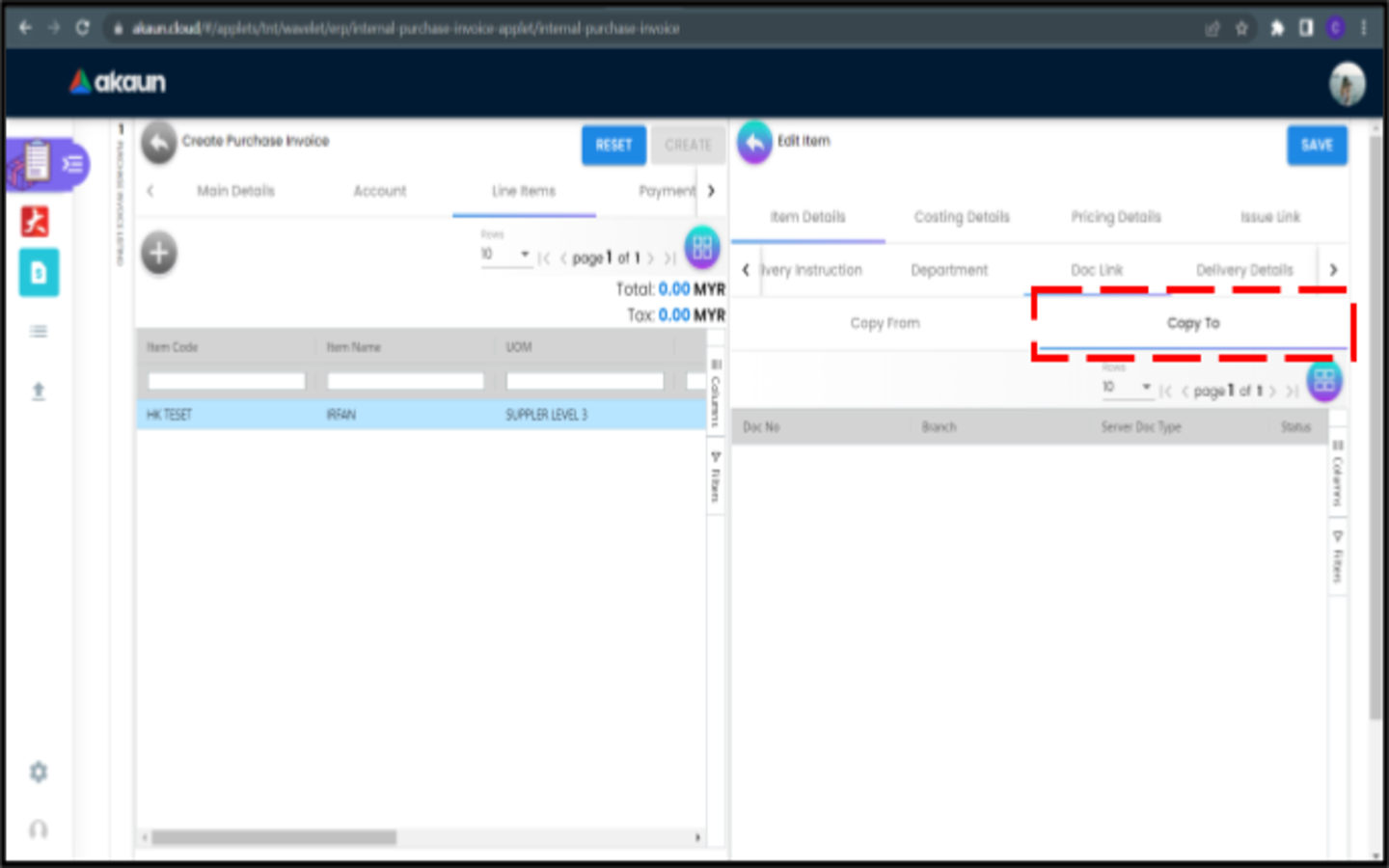 CreatePurchaseInvoice LineItems EditItem ItemDetails DocLink CopyTo