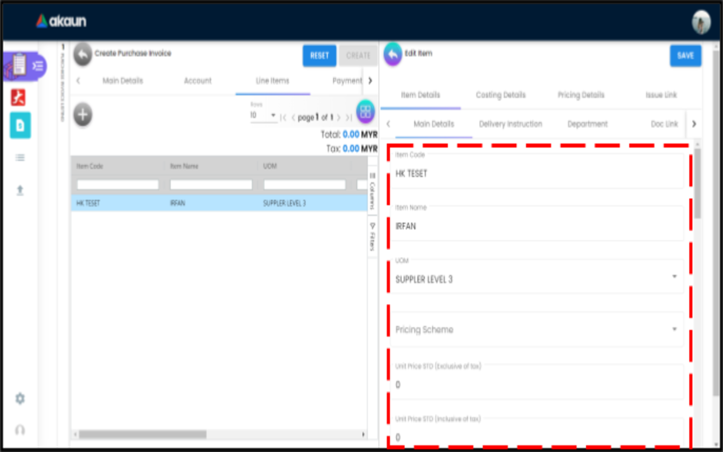 CreatePurchaseInvoice LineItems EditItem ItemDetails MainDetails