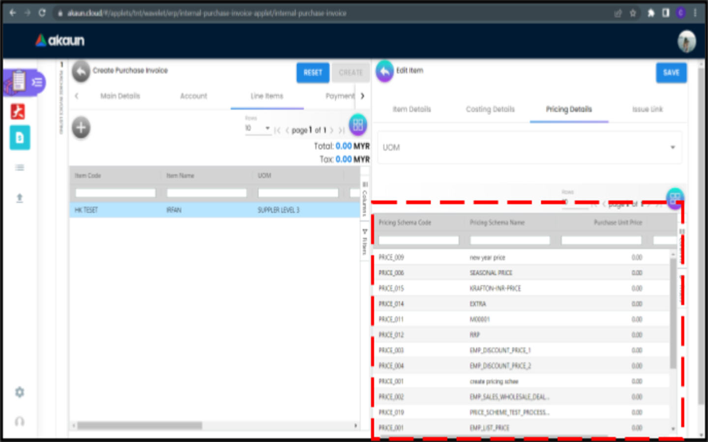 CreatePurchaseInvoice LineItems EditItem PricingDetails