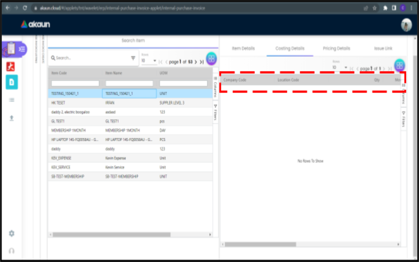 CreatePurchaseInvoice LineItems SelectItem AddItem CostingDetails
